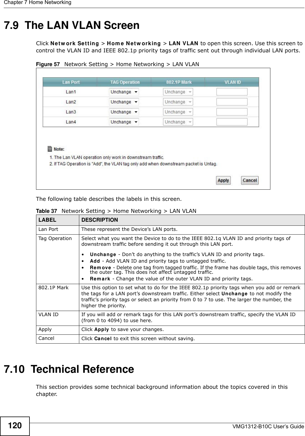 Chapter 7 Home NetworkingVMG1312-B10C User’s Guide1207.9  The LAN VLAN ScreenClick Ne t w or k  Set t ing &gt; Hom e  N et w or k ing &gt; LAN  V LAN  to open this screen. Use this screen to control the VLAN ID and IEEE 802.1p priority tags of traffic sent out through individual LAN ports. Figure 57   Network Setting &gt; Home Networking &gt; LAN VLANThe following table describes the labels in this screen.7.10  Technical ReferenceThis section provides some technical background information about the topics covered in this chapter.Table 37   Network Setting &gt; Home Networking &gt; LAN VLANLABEL DESCRIPTIONLan Port These represent the Device’s LAN ports.Tag Operation Select what you want the Device to do to the IEEE 802.1q VLAN ID and priority tags of downstream traffic before sending it out through this LAN port.•Unchan ge  - Don’t do anything to the traffic’s VLAN ID and priority tags.•Add - Add VLAN ID and priority tags to untagged traffic.•Re m ove - Delete one tag from tagged traffic. If the frame has double tags, this removes the outer tag. This does not affect untagged traffic.•Re m a rk - Change the value of the outer VLAN ID and priority tags.802.1P Mark Use this option to set what to do for the IEEE 802.1p priority tags when you add or remark the tags for a LAN port’s downstream traffic. Either select Uncha n ge  to not modify the traffic’s priority tags or select an priority from 0 to 7 to use. The larger the number, the higher the priority.VLAN ID If you will add or remark tags for this LAN port’s downstream traffic, specify the VLAN ID (from 0 to 4094) to use here.Apply Click Apply  to save your changes.Cancel Click Cancel to exit this screen without saving.