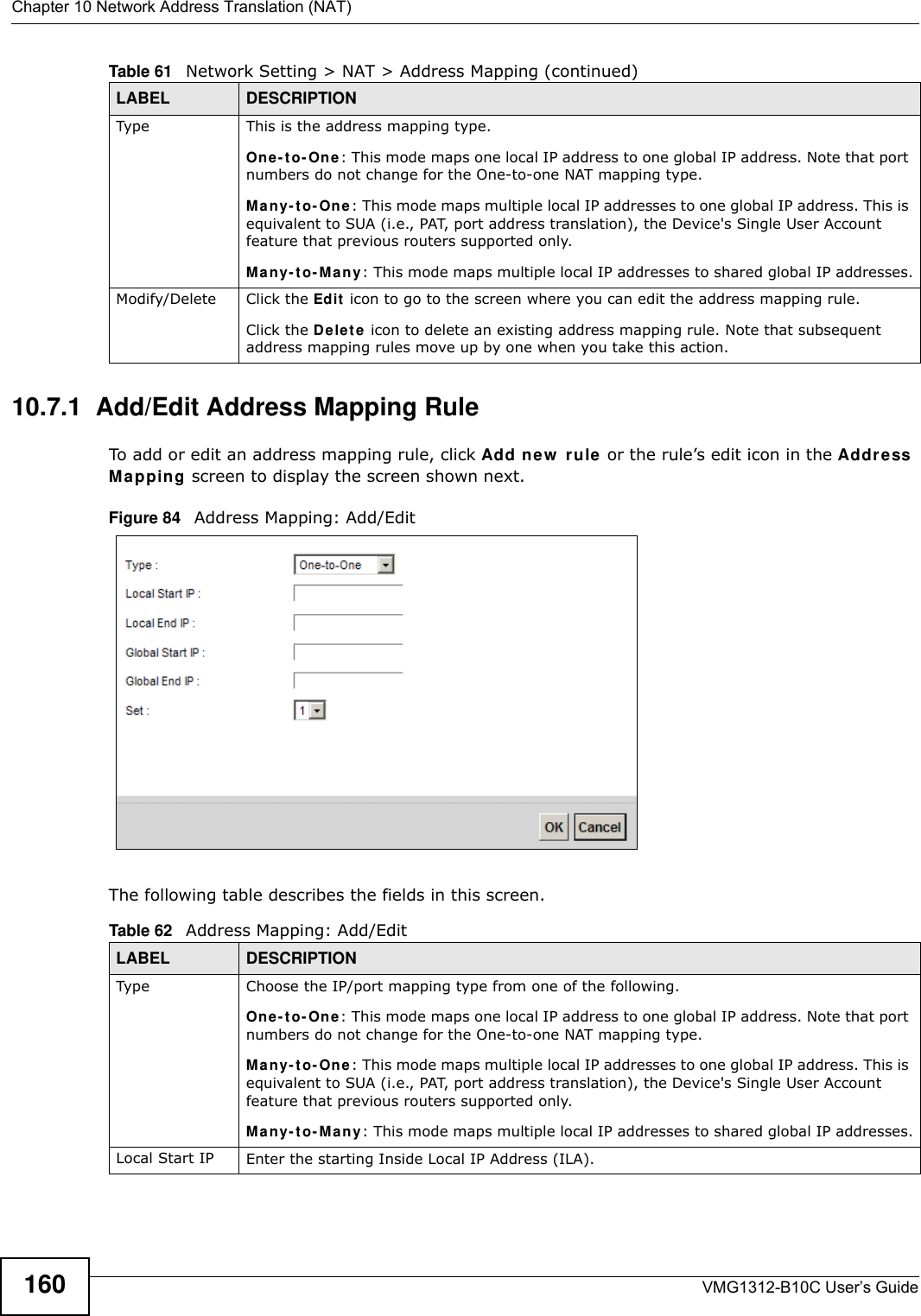 Chapter 10 Network Address Translation (NAT)VMG1312-B10C User’s Guide16010.7.1  Add/Edit Address Mapping RuleTo add or edit an address mapping rule, click Add ne w  rule or the rule’s edit icon in the Addr e ss Ma pping screen to display the screen shown next. Figure 84   Address Mapping: Add/EditThe following table describes the fields in this screen.Type This is the address mapping type.On e- t o- One : This mode maps one local IP address to one global IP address. Note that port numbers do not change for the One-to-one NAT mapping type.M a ny - t o- O ne : This mode maps multiple local IP addresses to one global IP address. This is equivalent to SUA (i.e., PAT, port address translation), the Device&apos;s Single User Account feature that previous routers supported only. M a ny - t o- M a n y: This mode maps multiple local IP addresses to shared global IP addresses.Modify/Delete Click the Edit  icon to go to the screen where you can edit the address mapping rule.Click the D e let e  icon to delete an existing address mapping rule. Note that subsequent address mapping rules move up by one when you take this action.Table 61   Network Setting &gt; NAT &gt; Address Mapping (continued)LABEL DESCRIPTIONTable 62   Address Mapping: Add/EditLABEL DESCRIPTIONType Choose the IP/port mapping type from one of the following.On e- t o- One : This mode maps one local IP address to one global IP address. Note that port numbers do not change for the One-to-one NAT mapping type.M a ny - t o- O ne : This mode maps multiple local IP addresses to one global IP address. This is equivalent to SUA (i.e., PAT, port address translation), the Device&apos;s Single User Account feature that previous routers supported only. M a ny - t o- M a n y: This mode maps multiple local IP addresses to shared global IP addresses.Local Start IP Enter the starting Inside Local IP Address (ILA).