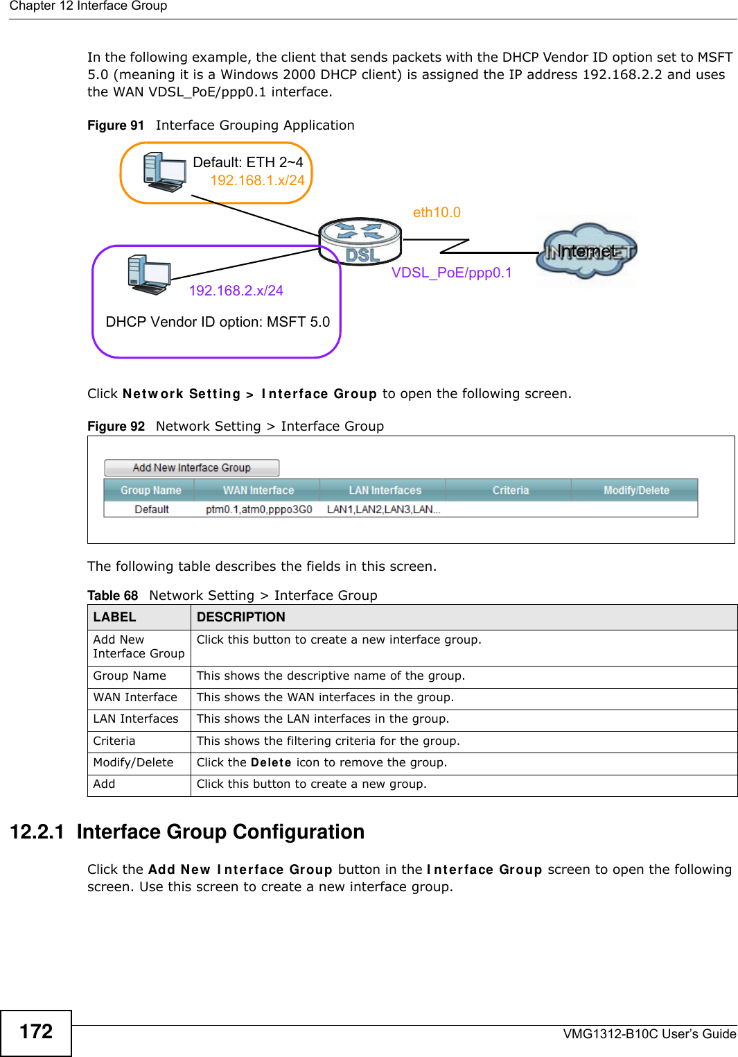 Chapter 12 Interface GroupVMG1312-B10C User’s Guide172In the following example, the client that sends packets with the DHCP Vendor ID option set to MSFT 5.0 (meaning it is a Windows 2000 DHCP client) is assigned the IP address 192.168.2.2 and uses the WAN VDSL_PoE/ppp0.1 interface.Figure 91   Interface Grouping ApplicationClick N et w or k  Se t t ing &gt;  I nt e rface Gr oup to open the following screen. Figure 92   Network Setting &gt; Interface Group The following table describes the fields in this screen. 12.2.1  Interface Group ConfigurationClick the Add N ew  I nt erfa ce Group button in the I nt e r fa ce  Group screen to open the following screen. Use this screen to create a new interface group. Table 68   Network Setting &gt; Interface GroupLABEL DESCRIPTIONAdd New Interface GroupClick this button to create a new interface group.Group Name This shows the descriptive name of the group.WAN Interface This shows the WAN interfaces in the group.LAN Interfaces This shows the LAN interfaces in the group.Criteria This shows the filtering criteria for the group.Modify/Delete Click the Dele t e  icon to remove the group.Add Click this button to create a new group.Default: ETH 2~4Internet192.168.1.x/24192.168.2.x/24VDSL_PoE/ppp0.1eth10.0DHCP Vendor ID option: MSFT 5.0