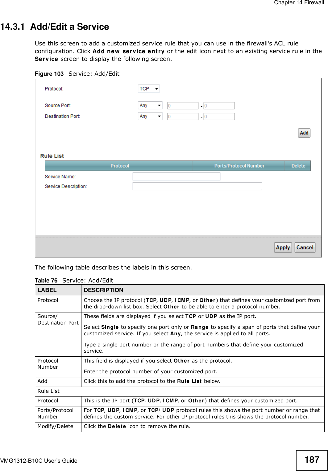  Chapter 14 FirewallVMG1312-B10C User’s Guide 18714.3.1  Add/Edit a Service Use this screen to add a customized service rule that you can use in the firewall’s ACL rule configuration. Click Add new  se r vice e nt r y or the edit icon next to an existing service rule in the Service screen to display the following screen.Figure 103   Service: Add/EditThe following table describes the labels in this screen.Table 76   Service: Add/EditLABEL DESCRIPTIONProtocol Choose the IP protocol (TCP, UD P, I CM P, or O t he r ) that defines your customized port from the drop-down list box. Select Ot h e r to be able to enter a protocol number.Source/Destination PortThese fields are displayed if you select TCP or UD P as the IP port. Select Single to specify one port only or Ran ge to specify a span of ports that define your customized service. If you select An y, the service is applied to all ports.Type a single port number or the range of port numbers that define your customized service.Protocol NumberThis field is displayed if you select Ot h e r  as the protocol.Enter the protocol number of your customized port. Add Click this to add the protocol to the Rule  List  below.Rule ListProtocol This is the IP port (TCP, UD P, I CMP, or Ot h er ) that defines your customized port.Ports/Protocol NumberFor TCP, UD P, I CM P, or TCP/ UD P protocol rules this shows the port number or range that defines the custom service. For other IP protocol rules this shows the protocol number. Modify/Delete Click the Dele t e  icon to remove the rule.