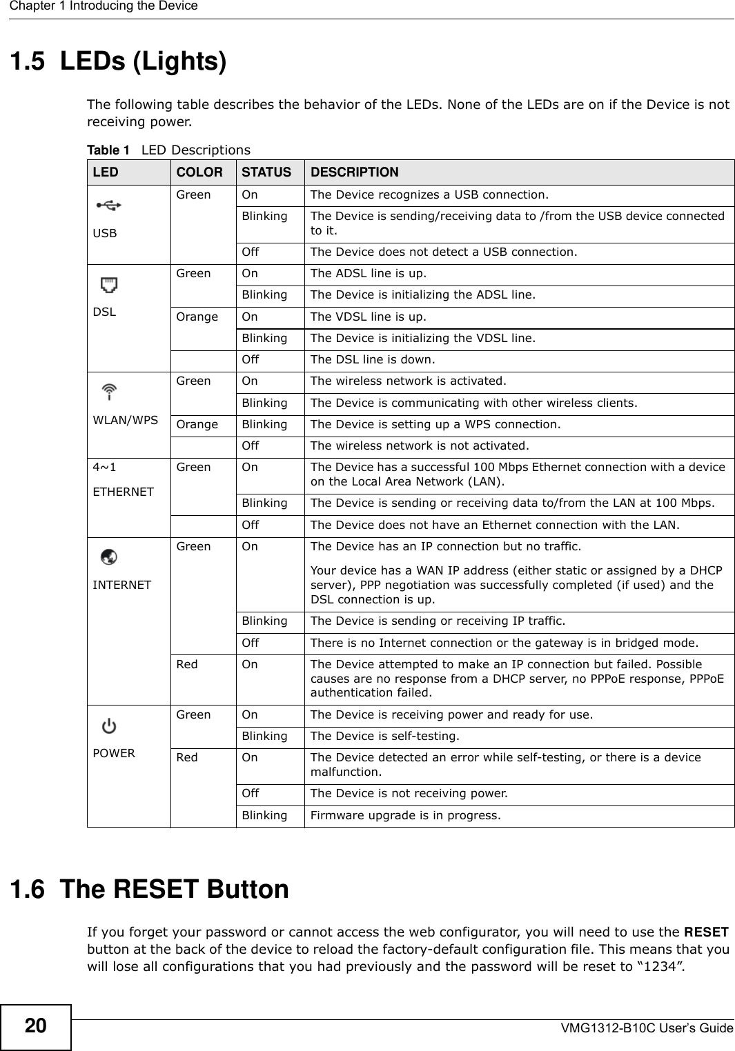 Chapter 1 Introducing the DeviceVMG1312-B10C User’s Guide201.5  LEDs (Lights)The following table describes the behavior of the LEDs. None of the LEDs are on if the Device is not receiving power.1.6  The RESET ButtonIf you forget your password or cannot access the web configurator, you will need to use the RESET button at the back of the device to reload the factory-default configuration file. This means that you will lose all configurations that you had previously and the password will be reset to “1234”. Table 1   LED DescriptionsLED COLOR STATUS DESCRIPTIONUSBGreen On The Device recognizes a USB connection.Blinking The Device is sending/receiving data to /from the USB device connected to it.Off The Device does not detect a USB connection.DSLGreen On The ADSL line is up.Blinking The Device is initializing the ADSL line.Orange On The VDSL line is up.Blinking The Device is initializing the VDSL line.Off The DSL line is down.WLAN/WPSGreen On The wireless network is activated.Blinking The Device is communicating with other wireless clients.Orange Blinking The Device is setting up a WPS connection.Off The wireless network is not activated.4~1ETHERNETGreen On The Device has a successful 100 Mbps Ethernet connection with a device on the Local Area Network (LAN). Blinking  The Device is sending or receiving data to/from the LAN at 100 Mbps.Off The Device does not have an Ethernet connection with the LAN.INTERNETGreen On The Device has an IP connection but no traffic.Your device has a WAN IP address (either static or assigned by a DHCP server), PPP negotiation was successfully completed (if used) and the DSL connection is up.Blinking The Device is sending or receiving IP traffic.Off There is no Internet connection or the gateway is in bridged mode.Red On The Device attempted to make an IP connection but failed. Possible causes are no response from a DHCP server, no PPPoE response, PPPoE authentication failed.POWERGreen On The Device is receiving power and ready for use.Blinking The Device is self-testing.Red On The Device detected an error while self-testing, or there is a device malfunction.Off The Device is not receiving power.Blinking Firmware upgrade is in progress.