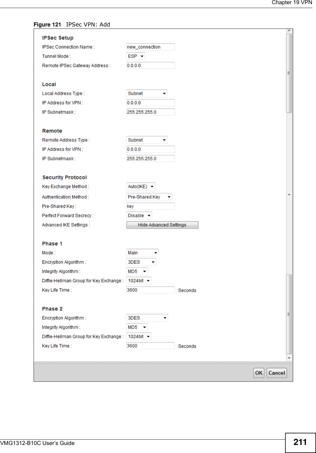  Chapter 19 VPNVMG1312-B10C User’s Guide 211Figure 121   IPSec VPN: Add  