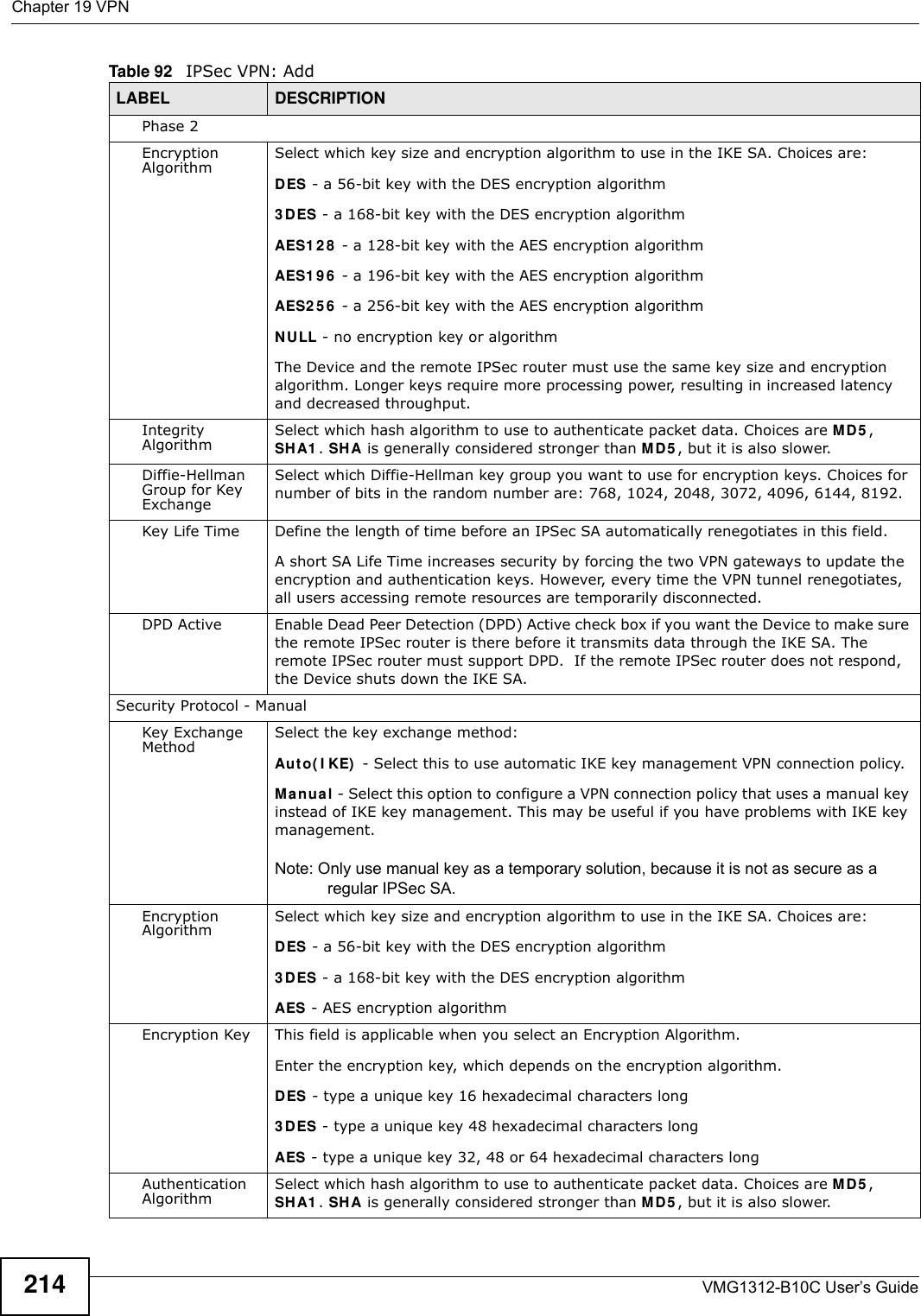 Chapter 19 VPNVMG1312-B10C User’s Guide214Phase 2Encryption Algorithm Select which key size and encryption algorithm to use in the IKE SA. Choices are:DES - a 56-bit key with the DES encryption algorithm3 DES - a 168-bit key with the DES encryption algorithmAES1 2 8  - a 128-bit key with the AES encryption algorithmAES1 9 6  - a 196-bit key with the AES encryption algorithmAES2 5 6  - a 256-bit key with the AES encryption algorithmN ULL - no encryption key or algorithmThe Device and the remote IPSec router must use the same key size and encryption algorithm. Longer keys require more processing power, resulting in increased latency and decreased throughput.Integrity Algorithm Select which hash algorithm to use to authenticate packet data. Choices are MD 5 , SH A1 . SH A is generally considered stronger than MD5 , but it is also slower.Diffie-Hellman Group for Key Exchange Select which Diffie-Hellman key group you want to use for encryption keys. Choices for number of bits in the random number are: 768, 1024, 2048, 3072, 4096, 6144, 8192.Key Life Time Define the length of time before an IPSec SA automatically renegotiates in this field.A short SA Life Time increases security by forcing the two VPN gateways to update the encryption and authentication keys. However, every time the VPN tunnel renegotiates, all users accessing remote resources are temporarily disconnected. DPD Active  Enable Dead Peer Detection (DPD) Active check box if you want the Device to make sure the remote IPSec router is there before it transmits data through the IKE SA. The remote IPSec router must support DPD.  If the remote IPSec router does not respond, the Device shuts down the IKE SA.Security Protocol - ManualKey Exchange Method Select the key exchange method:Au t o( I KE)  - Select this to use automatic IKE key management VPN connection policy.Man ual - Select this option to configure a VPN connection policy that uses a manual key instead of IKE key management. This may be useful if you have problems with IKE key management. Note: Only use manual key as a temporary solution, because it is not as secure as a regular IPSec SA.Encryption Algorithm Select which key size and encryption algorithm to use in the IKE SA. Choices are:DES - a 56-bit key with the DES encryption algorithm3 DES - a 168-bit key with the DES encryption algorithmAES - AES encryption algorithmEncryption Key This field is applicable when you select an Encryption Algorithm. Enter the encryption key, which depends on the encryption algorithm.DES - type a unique key 16 hexadecimal characters long3 DES - type a unique key 48 hexadecimal characters longAES - type a unique key 32, 48 or 64 hexadecimal characters longAuthentication Algorithm Select which hash algorithm to use to authenticate packet data. Choices are MD 5 , SH A1 . SH A is generally considered stronger than MD5 , but it is also slower.Table 92   IPSec VPN: AddLABEL DESCRIPTION