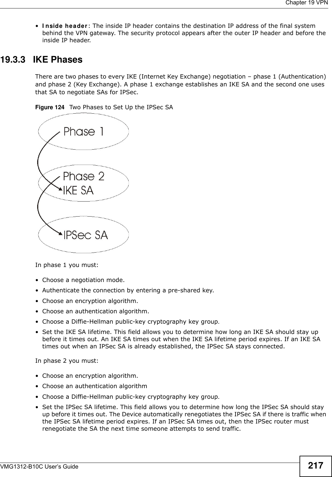  Chapter 19 VPNVMG1312-B10C User’s Guide 217•I nside  hea de r : The inside IP header contains the destination IP address of the final system behind the VPN gateway. The security protocol appears after the outer IP header and before the inside IP header. 19.3.3   IKE PhasesThere are two phases to every IKE (Internet Key Exchange) negotiation – phase 1 (Authentication) and phase 2 (Key Exchange). A phase 1 exchange establishes an IKE SA and the second one uses that SA to negotiate SAs for IPSec.Figure 124   Two Phases to Set Up the IPSec SAIn phase 1 you must:• Choose a negotiation mode.• Authenticate the connection by entering a pre-shared key.• Choose an encryption algorithm.• Choose an authentication algorithm.• Choose a Diffie-Hellman public-key cryptography key group.• Set the IKE SA lifetime. This field allows you to determine how long an IKE SA should stay up before it times out. An IKE SA times out when the IKE SA lifetime period expires. If an IKE SA times out when an IPSec SA is already established, the IPSec SA stays connected.In phase 2 you must:• Choose an encryption algorithm.• Choose an authentication algorithm• Choose a Diffie-Hellman public-key cryptography key group.• Set the IPSec SA lifetime. This field allows you to determine how long the IPSec SA should stay up before it times out. The Device automatically renegotiates the IPSec SA if there is traffic when the IPSec SA lifetime period expires. If an IPSec SA times out, then the IPSec router must renegotiate the SA the next time someone attempts to send traffic.