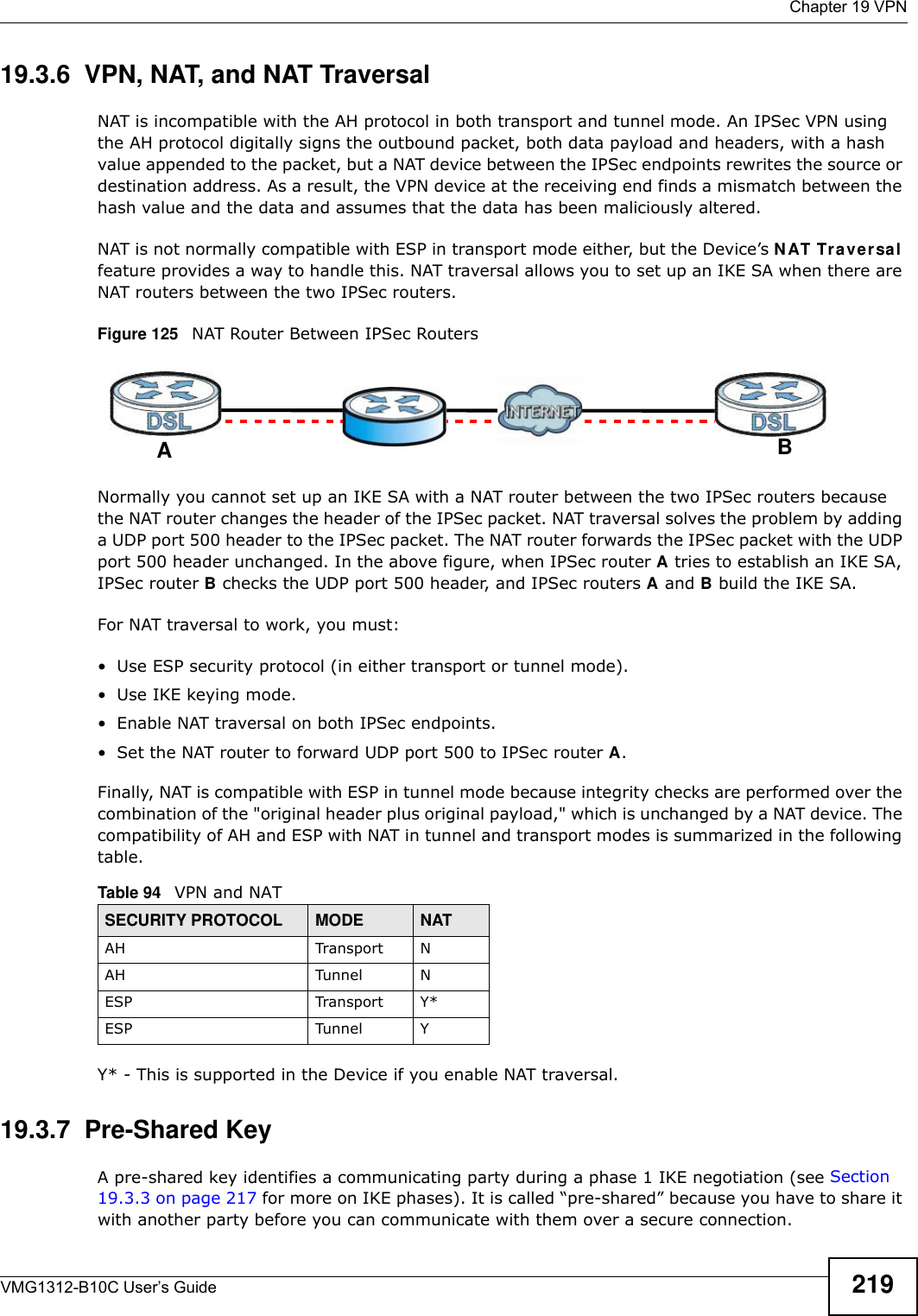  Chapter 19 VPNVMG1312-B10C User’s Guide 21919.3.6  VPN, NAT, and NAT TraversalNAT is incompatible with the AH protocol in both transport and tunnel mode. An IPSec VPN using the AH protocol digitally signs the outbound packet, both data payload and headers, with a hash value appended to the packet, but a NAT device between the IPSec endpoints rewrites the source or destination address. As a result, the VPN device at the receiving end finds a mismatch between the hash value and the data and assumes that the data has been maliciously altered.NAT is not normally compatible with ESP in transport mode either, but the Device’s NAT Tra ve r sa l feature provides a way to handle this. NAT traversal allows you to set up an IKE SA when there are NAT routers between the two IPSec routers.Figure 125   NAT Router Between IPSec RoutersNormally you cannot set up an IKE SA with a NAT router between the two IPSec routers because the NAT router changes the header of the IPSec packet. NAT traversal solves the problem by adding a UDP port 500 header to the IPSec packet. The NAT router forwards the IPSec packet with the UDP port 500 header unchanged. In the above figure, when IPSec router A tries to establish an IKE SA, IPSec router B checks the UDP port 500 header, and IPSec routers A and B build the IKE SA.For NAT traversal to work, you must:• Use ESP security protocol (in either transport or tunnel mode).•Use IKE keying mode.• Enable NAT traversal on both IPSec endpoints.• Set the NAT router to forward UDP port 500 to IPSec router A.Finally, NAT is compatible with ESP in tunnel mode because integrity checks are performed over the combination of the &quot;original header plus original payload,&quot; which is unchanged by a NAT device. The compatibility of AH and ESP with NAT in tunnel and transport modes is summarized in the following table.Y* - This is supported in the Device if you enable NAT traversal.19.3.7  Pre-Shared KeyA pre-shared key identifies a communicating party during a phase 1 IKE negotiation (see Section 19.3.3 on page 217 for more on IKE phases). It is called “pre-shared” because you have to share it with another party before you can communicate with them over a secure connection.Table 94   VPN and NATSECURITY PROTOCOL MODE NATAH Transport NAH Tunnel NESP Transport Y*ESP Tunnel YAB