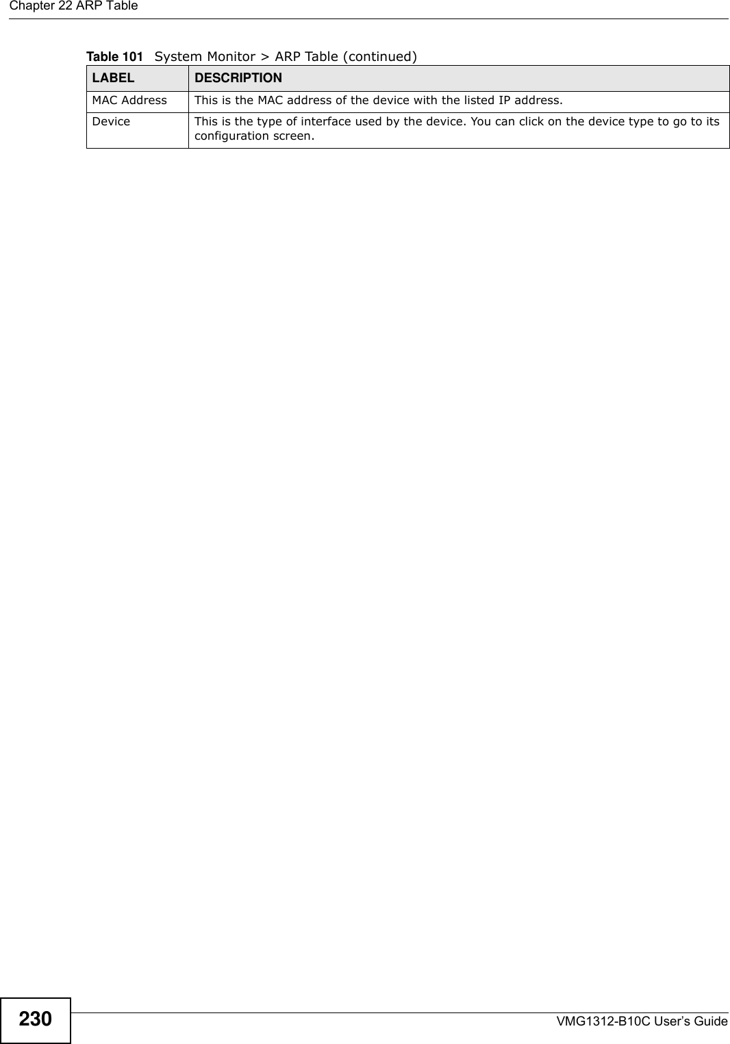 Chapter 22 ARP TableVMG1312-B10C User’s Guide230MAC Address This is the MAC address of the device with the listed IP address.Device This is the type of interface used by the device. You can click on the device type to go to its configuration screen.Table 101   System Monitor &gt; ARP Table (continued)LABEL DESCRIPTION