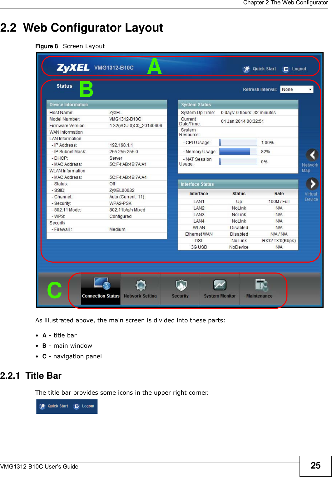  Chapter 2 The Web ConfiguratorVMG1312-B10C User’s Guide 252.2  Web Configurator LayoutFigure 8   Screen LayoutAs illustrated above, the main screen is divided into these parts:•A - title bar•B - main window •C - navigation panel2.2.1  Title BarThe title bar provides some icons in the upper right corner.BCA