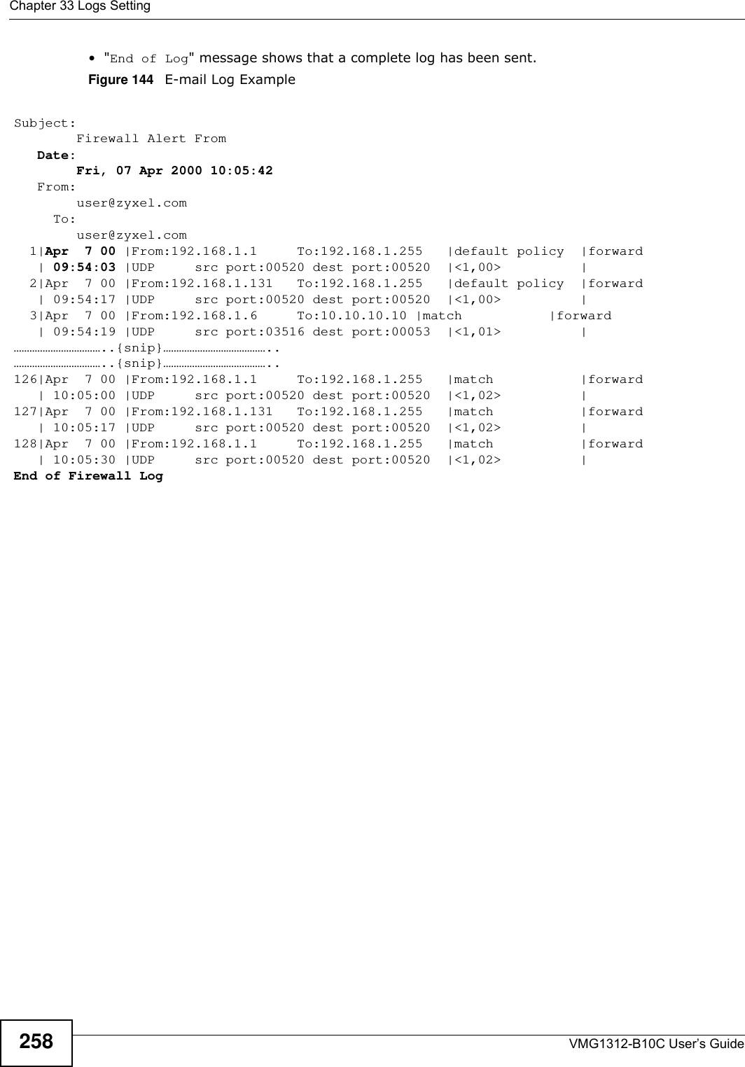 Chapter 33 Logs SettingVMG1312-B10C User’s Guide258•&quot;End of Log&quot; message shows that a complete log has been sent.Figure 144   E-mail Log ExampleSubject:         Firewall Alert From    Date:         Fri, 07 Apr 2000 10:05:42   From:         user@zyxel.com     To:         user@zyxel.com  1|Apr  7 00 |From:192.168.1.1     To:192.168.1.255   |default policy  |forward   | 09:54:03 |UDP     src port:00520 dest port:00520  |&lt;1,00&gt;          |         2|Apr  7 00 |From:192.168.1.131   To:192.168.1.255   |default policy  |forward   | 09:54:17 |UDP     src port:00520 dest port:00520  |&lt;1,00&gt;          |         3|Apr  7 00 |From:192.168.1.6     To:10.10.10.10 |match           |forward   | 09:54:19 |UDP     src port:03516 dest port:00053  |&lt;1,01&gt;          |       ……………………………..{snip}…………………………………..……………………………..{snip}…………………………………..126|Apr  7 00 |From:192.168.1.1     To:192.168.1.255   |match           |forward   | 10:05:00 |UDP     src port:00520 dest port:00520  |&lt;1,02&gt;          |       127|Apr  7 00 |From:192.168.1.131   To:192.168.1.255   |match           |forward   | 10:05:17 |UDP     src port:00520 dest port:00520  |&lt;1,02&gt;          |       128|Apr  7 00 |From:192.168.1.1     To:192.168.1.255   |match           |forward   | 10:05:30 |UDP     src port:00520 dest port:00520  |&lt;1,02&gt;          |       End of Firewall Log