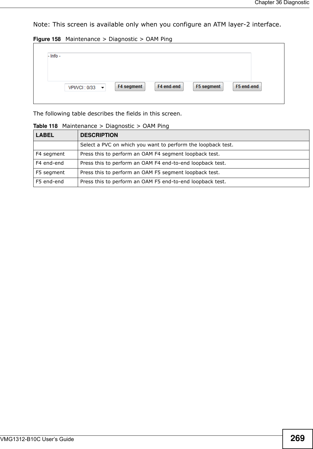  Chapter 36 DiagnosticVMG1312-B10C User’s Guide 269Note: This screen is available only when you configure an ATM layer-2 interface.Figure 158   Maintenance &gt; Diagnostic &gt; OAM PingThe following table describes the fields in this screen. Table 118   Maintenance &gt; Diagnostic &gt; OAM PingLABEL DESCRIPTIONSelect a PVC on which you want to perform the loopback test.F4 segment Press this to perform an OAM F4 segment loopback test.F4 end-end Press this to perform an OAM F4 end-to-end loopback test.F5 segment Press this to perform an OAM F5 segment loopback test.F5 end-end Press this to perform an OAM F5 end-to-end loopback test.