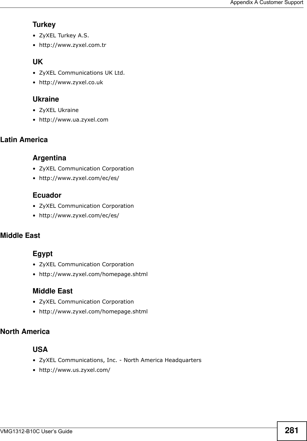  Appendix A Customer SupportVMG1312-B10C User’s Guide 281Turkey•ZyXEL Turkey A.S.• http://www.zyxel.com.trUK• ZyXEL Communications UK Ltd.• http://www.zyxel.co.ukUkraine•ZyXEL Ukraine• http://www.ua.zyxel.comLatin AmericaArgentina• ZyXEL Communication Corporation• http://www.zyxel.com/ec/es/Ecuador• ZyXEL Communication Corporation• http://www.zyxel.com/ec/es/Middle EastEgypt• ZyXEL Communication Corporation• http://www.zyxel.com/homepage.shtmlMiddle East• ZyXEL Communication Corporation• http://www.zyxel.com/homepage.shtmlNorth AmericaUSA• ZyXEL Communications, Inc. - North America Headquarters• http://www.us.zyxel.com/