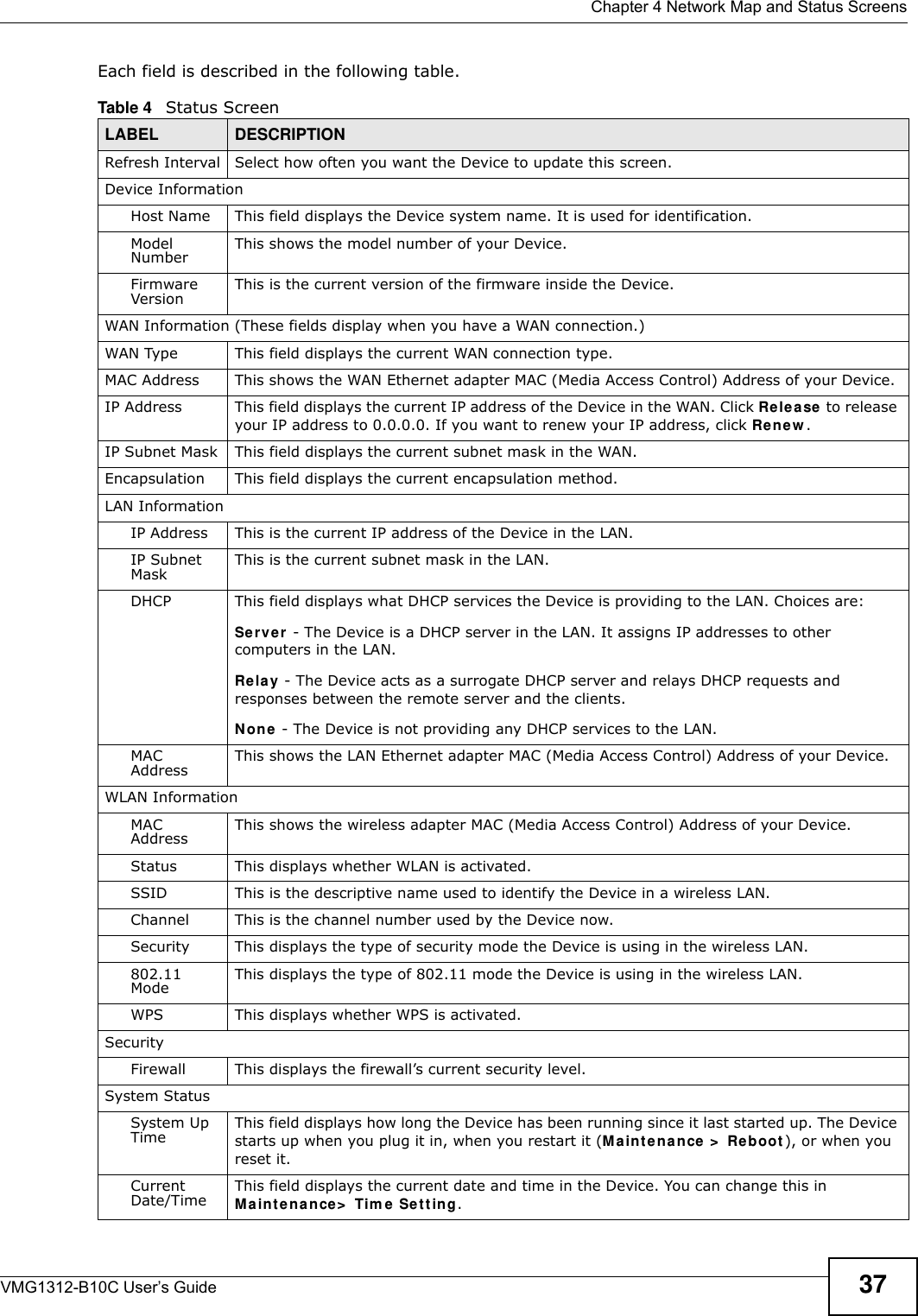  Chapter 4 Network Map and Status ScreensVMG1312-B10C User’s Guide 37Each field is described in the following table.Table 4   Status ScreenLABEL DESCRIPTIONRefresh Interval Select how often you want the Device to update this screen.Device InformationHost Name This field displays the Device system name. It is used for identification. Model Number This shows the model number of your Device.Firmware Version This is the current version of the firmware inside the Device. WAN Information (These fields display when you have a WAN connection.)WAN Type This field displays the current WAN connection type.MAC Address This shows the WAN Ethernet adapter MAC (Media Access Control) Address of your Device.IP Address This field displays the current IP address of the Device in the WAN. Click Re le a se to release your IP address to 0.0.0.0. If you want to renew your IP address, click Ren e w .IP Subnet Mask This field displays the current subnet mask in the WAN.Encapsulation This field displays the current encapsulation method.LAN InformationIP Address This is the current IP address of the Device in the LAN. IP Subnet Mask This is the current subnet mask in the LAN.DHCP This field displays what DHCP services the Device is providing to the LAN. Choices are:Ser v er - The Device is a DHCP server in the LAN. It assigns IP addresses to other computers in the LAN.Rela y - The Device acts as a surrogate DHCP server and relays DHCP requests and responses between the remote server and the clients.N on e  - The Device is not providing any DHCP services to the LAN.MAC Address This shows the LAN Ethernet adapter MAC (Media Access Control) Address of your Device.WLAN InformationMAC Address This shows the wireless adapter MAC (Media Access Control) Address of your Device. Status This displays whether WLAN is activated.SSID This is the descriptive name used to identify the Device in a wireless LAN. Channel This is the channel number used by the Device now.Security This displays the type of security mode the Device is using in the wireless LAN.802.11 Mode This displays the type of 802.11 mode the Device is using in the wireless LAN.WPS This displays whether WPS is activated. SecurityFirewall This displays the firewall’s current security level.System StatusSystem Up Time This field displays how long the Device has been running since it last started up. The Device starts up when you plug it in, when you restart it (Mainten a nce  &gt;  Re boot ), or when you reset it.Current Date/Time This field displays the current date and time in the Device. You can change this in Mainten a nce &gt;  Tim e  Set t ing.