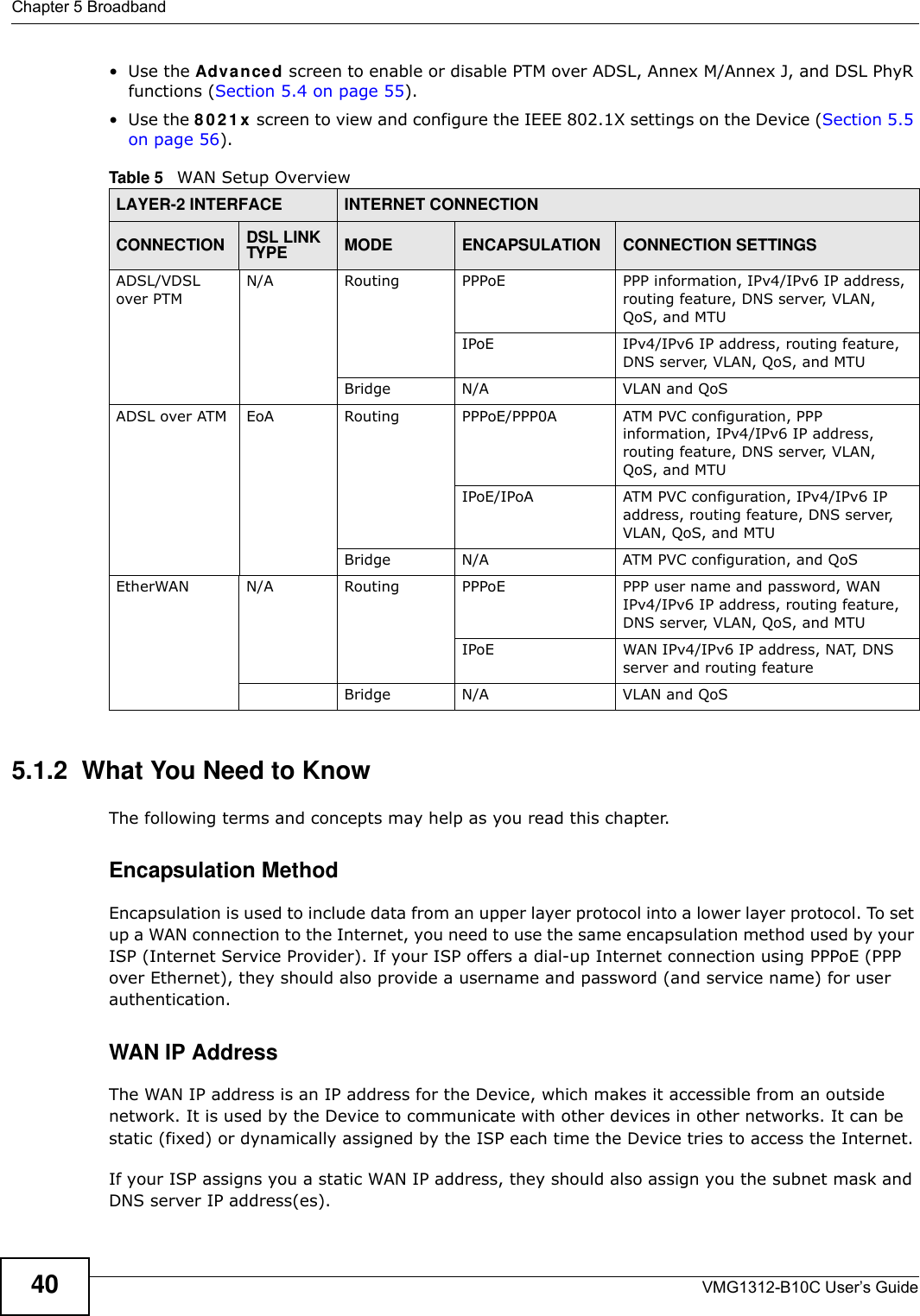 Chapter 5 BroadbandVMG1312-B10C User’s Guide40•Use the Adva n ce d screen to enable or disable PTM over ADSL, Annex M/Annex J, and DSL PhyR functions (Section 5.4 on page 55). •Use the 8 0 2 1 x  screen to view and configure the IEEE 802.1X settings on the Device (Section 5.5 on page 56). 5.1.2  What You Need to KnowThe following terms and concepts may help as you read this chapter.Encapsulation MethodEncapsulation is used to include data from an upper layer protocol into a lower layer protocol. To set up a WAN connection to the Internet, you need to use the same encapsulation method used by your ISP (Internet Service Provider). If your ISP offers a dial-up Internet connection using PPPoE (PPP over Ethernet), they should also provide a username and password (and service name) for user authentication.WAN IP AddressThe WAN IP address is an IP address for the Device, which makes it accessible from an outside network. It is used by the Device to communicate with other devices in other networks. It can be static (fixed) or dynamically assigned by the ISP each time the Device tries to access the Internet.If your ISP assigns you a static WAN IP address, they should also assign you the subnet mask and DNS server IP address(es).Table 5   WAN Setup Overview LAYER-2 INTERFACE INTERNET CONNECTIONCONNECTION DSL LINK TYPE MODE ENCAPSULATION CONNECTION SETTINGSADSL/VDSL over PTMN/A Routing PPPoE PPP information, IPv4/IPv6 IP address, routing feature, DNS server, VLAN, QoS, and MTUIPoE IPv4/IPv6 IP address, routing feature, DNS server, VLAN, QoS, and MTUBridge N/A VLAN and QoSADSL over ATM EoA Routing PPPoE/PPP0A ATM PVC configuration, PPP information, IPv4/IPv6 IP address, routing feature, DNS server, VLAN, QoS, and MTUIPoE/IPoA ATM PVC configuration, IPv4/IPv6 IP address, routing feature, DNS server, VLAN, QoS, and MTUBridge N/A ATM PVC configuration, and QoSEtherWAN N/A Routing PPPoE PPP user name and password, WAN IPv4/IPv6 IP address, routing feature, DNS server, VLAN, QoS, and MTUIPoE WAN IPv4/IPv6 IP address, NAT, DNS server and routing featureBridge N/A VLAN and QoS