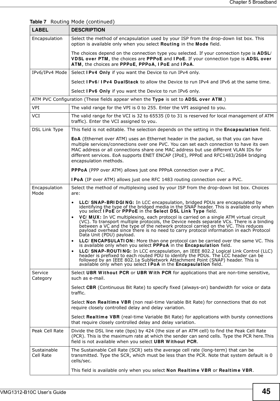  Chapter 5 BroadbandVMG1312-B10C User’s Guide 45Encapsulation Select the method of encapsulation used by your ISP from the drop-down list box. This option is available only when you select Rou t in g in the Mode field. The choices depend on the connection type you selected. If your connection type is ADSL/VD SL over  PTM, the choices are PPPoE and I PoE. If your connection type is AD SL ove r  ATM , the choices are PPPoE, PPPoA, I PoE and I PoA. IPv6/IPv4 Mode Select I Pv 4  On ly if you want the Device to run IPv4 only. Select I Pv6 / I Pv4  D ualSt a ck to allow the Device to run IPv4 and IPv6 at the same time.Select I Pv6  On ly  if you want the Device to run IPv6 only.ATM PVC Configuration (These fields appear when the Type  is set to ADSL ove r  ATM.)VPI  The valid range for the VPI is 0 to 255. Enter the VPI assigned to you.VCI  The valid range for the VCI is 32 to 65535 (0 to 31 is reserved for local management of ATM traffic). Enter the VCI assigned to you.DSL Link Type This field is not editable. The selection depends on the setting in the En ca p su la t ion  field.EoA (Ethernet over ATM) uses an Ethernet header in the packet, so that you can have multiple services/connections over one PVC. You can set each connection to have its own MAC address or all connections share one MAC address but use different VLAN IDs for different services. EoA supports ENET ENCAP (IPoE), PPPoE and RFC1483/2684 bridging encapsulation methods. PPPoA (PPP over ATM) allows just one PPPoA connection over a PVC.I PoA (IP over ATM) allows just one RFC 1483 routing connection over a PVC.Encapsulation ModeSelect the method of multiplexing used by your ISP from the drop-down list box. Choices are:•LLC/ SN AP- BRI D GI N G: In LCC encapsulation, bridged PDUs are encapsulated by identifying the type of the bridged media in the SNAP header. This is available only when you select I PoE or PPPoE in the Se le ct  D SL Link  Ty pe field. •VC/ M UX: In VC multiplexing, each protocol is carried on a single ATM virtual circuit (VC). To transport multiple protocols, the Device needs separate VCs. There is a binding between a VC and the type of the network protocol carried on the VC. This reduces payload overhead since there is no need to carry protocol information in each Protocol Data Unit (PDU) payload.•LLC/ EN CAPSU LATI O N : More than one protocol can be carried over the same VC. This is available only when you select PPPoA in the En ca psula t io n field.•LLC/ SN AP- ROU TI N G: In LCC encapsulation, an IEEE 802.2 Logical Link Control (LLC) header is prefixed to each routed PDU to identify the PDUs. The LCC header can be followed by an IEEE 802.1a SubNetwork Attachment Point (SNAP) header. This is available only when you select I PoA in the En capsula t ion  field. Service CategorySelect UBR W it hou t  PCR or UBR W it h  PCR for applications that are non-time sensitive, such as e-mail. Select CBR (Continuous Bit Rate) to specify fixed (always-on) bandwidth for voice or data traffic. Select N on  Re a lt im e VBR (non real-time Variable Bit Rate) for connections that do not require closely controlled delay and delay variation.Select Re a lt im e VBR (real-time Variable Bit Rate) for applications with bursty connections that require closely controlled delay and delay variation. Peak Cell Rate Divide the DSL line rate (bps) by 424 (the size of an ATM cell) to find the Peak Cell Rate (PCR). This is the maximum rate at which the sender can send cells. Type the PCR here.This field is not available when you select UBR W it hou t  PCR.Sustainable Cell RateThe Sustainable Cell Rate (SCR) sets the average cell rate (long-term) that can be transmitted. Type the SCR, which must be less than the PCR. Note that system default is 0 cells/sec. This field is available only when you select N on Re alt im e  VBR or Realt im e  VBR.Table 7   Routing Mode (continued)LABEL DESCRIPTION