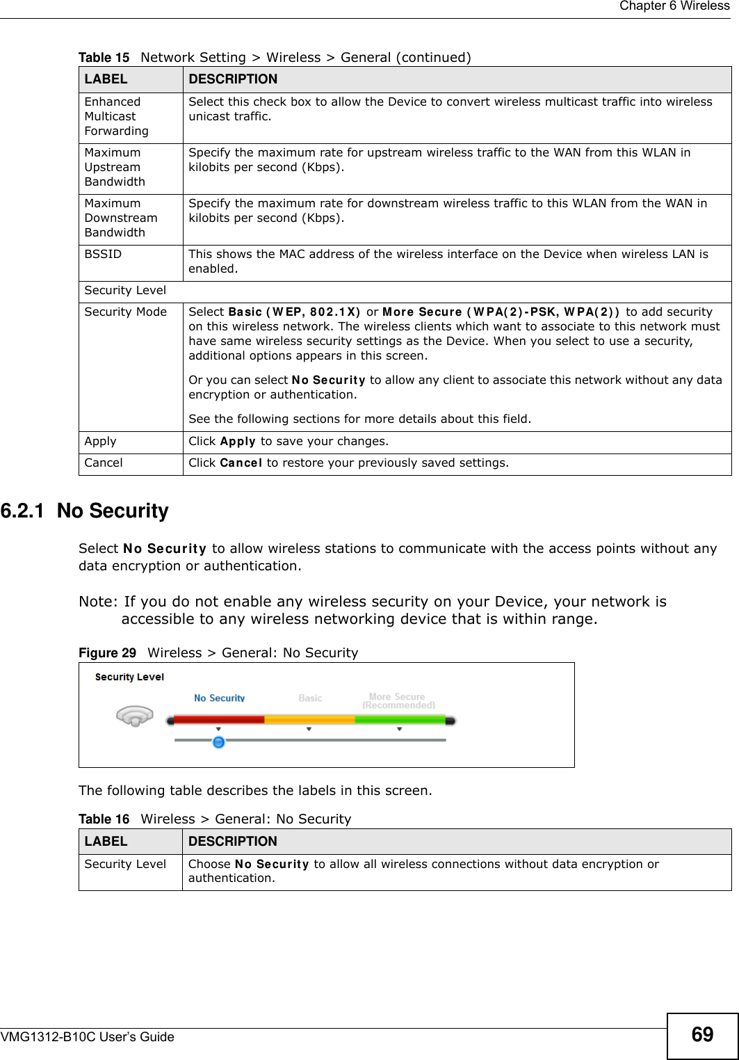  Chapter 6 WirelessVMG1312-B10C User’s Guide 696.2.1  No SecuritySelect N o Se curit y  to allow wireless stations to communicate with the access points without any data encryption or authentication.Note: If you do not enable any wireless security on your Device, your network is accessible to any wireless networking device that is within range.Figure 29   Wireless &gt; General: No SecurityThe following table describes the labels in this screen.Enhanced Multicast Forwarding Select this check box to allow the Device to convert wireless multicast traffic into wireless unicast traffic.Maximum Upstream BandwidthSpecify the maximum rate for upstream wireless traffic to the WAN from this WLAN in kilobits per second (Kbps).Maximum Downstream BandwidthSpecify the maximum rate for downstream wireless traffic to this WLAN from the WAN in kilobits per second (Kbps).BSSID This shows the MAC address of the wireless interface on the Device when wireless LAN is enabled.Security LevelSecurity Mode Select Basic ( W EP, 8 0 2 .1 X )  or M ore Se cur e  ( W PA( 2 ) - PSK, W PA( 2 ) )  to add security on this wireless network. The wireless clients which want to associate to this network must have same wireless security settings as the Device. When you select to use a security, additional options appears in this screen. Or you can select N o Secur it y to allow any client to associate this network without any data encryption or authentication.See the following sections for more details about this field.Apply Click Apply to save your changes.Cancel Click Cance l to restore your previously saved settings.Table 15   Network Setting &gt; Wireless &gt; General (continued)LABEL DESCRIPTIONTable 16   Wireless &gt; General: No SecurityLABEL DESCRIPTIONSecurity Level Choose N o Secur it y to allow all wireless connections without data encryption or authentication.