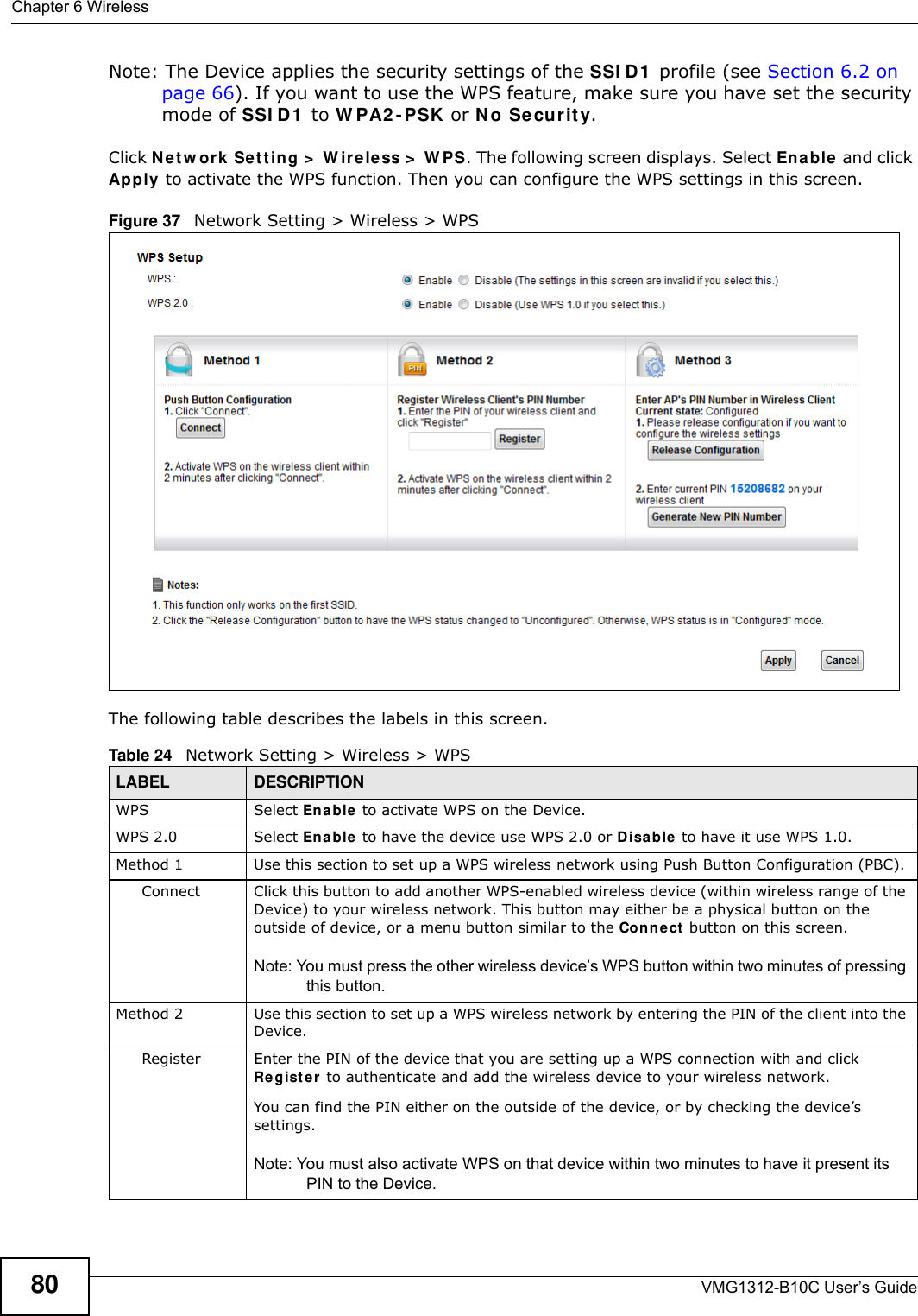 Chapter 6 WirelessVMG1312-B10C User’s Guide80Note: The Device applies the security settings of the SSI D 1  profile (see Section 6.2 on page 66). If you want to use the WPS feature, make sure you have set the security mode of SSI D1  to W PA2 - PSK or N o Securit y.Click N e t w ork Set t in g &gt;  W ire le ss &gt;  W PS. The following screen displays. Select Ena ble and click Apply to activate the WPS function. Then you can configure the WPS settings in this screen. Figure 37   Network Setting &gt; Wireless &gt; WPSThe following table describes the labels in this screen.Table 24   Network Setting &gt; Wireless &gt; WPSLABEL DESCRIPTIONWPS Select Enable  to activate WPS on the Device.WPS 2.0 Select En a ble to have the device use WPS 2.0 or Disable  to have it use WPS 1.0.Method 1 Use this section to set up a WPS wireless network using Push Button Configuration (PBC).Connect Click this button to add another WPS-enabled wireless device (within wireless range of the Device) to your wireless network. This button may either be a physical button on the outside of device, or a menu button similar to the Con ne ct  button on this screen.Note: You must press the other wireless device’s WPS button within two minutes of pressing this button.Method 2 Use this section to set up a WPS wireless network by entering the PIN of the client into the Device.Register Enter the PIN of the device that you are setting up a WPS connection with and click Re g ist e r  to authenticate and add the wireless device to your wireless network.You can find the PIN either on the outside of the device, or by checking the device’s settings.Note: You must also activate WPS on that device within two minutes to have it present its PIN to the Device.