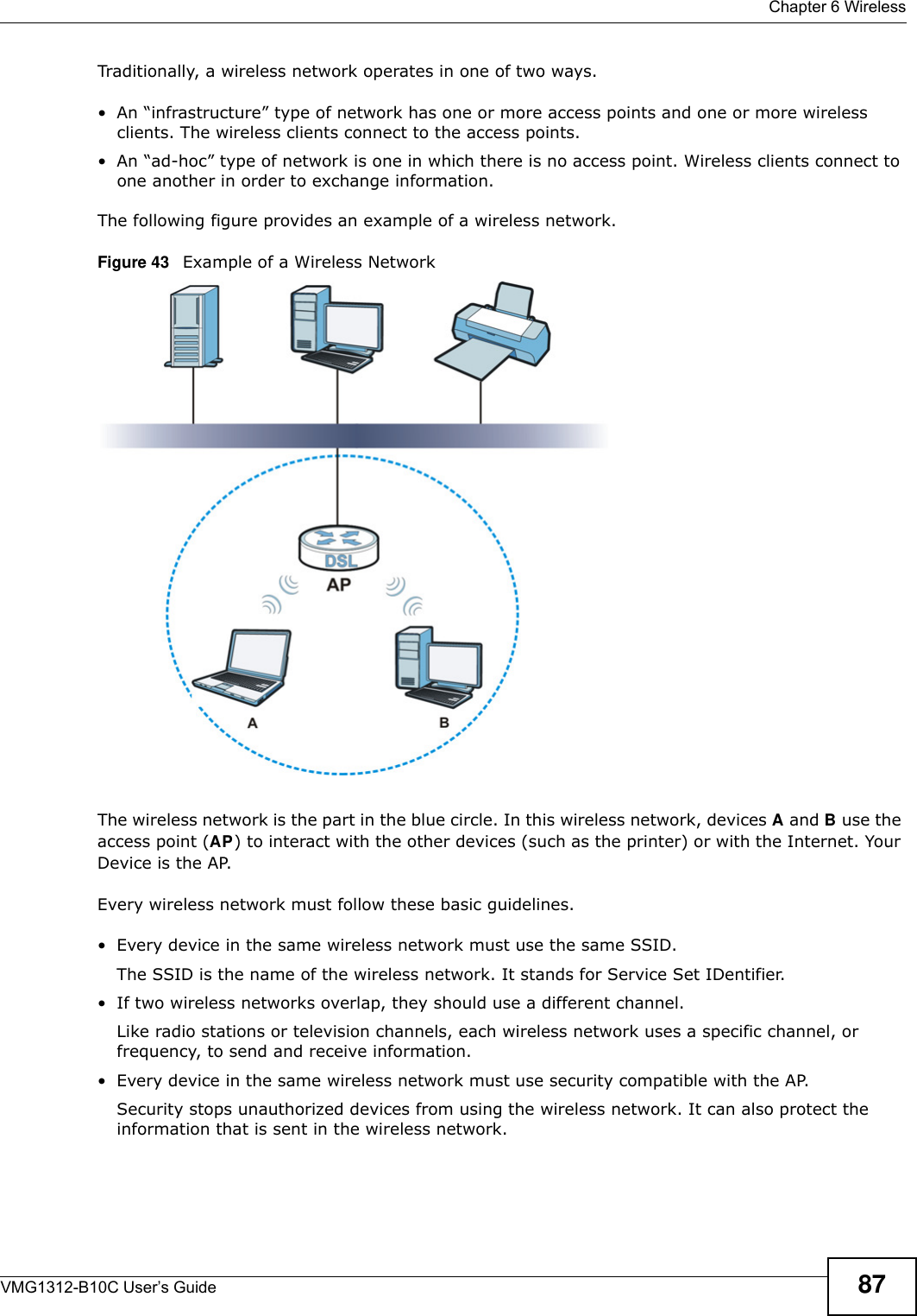  Chapter 6 WirelessVMG1312-B10C User’s Guide 87Traditionally, a wireless network operates in one of two ways.• An “infrastructure” type of network has one or more access points and one or more wireless clients. The wireless clients connect to the access points.• An “ad-hoc” type of network is one in which there is no access point. Wireless clients connect to one another in order to exchange information.The following figure provides an example of a wireless network.Figure 43   Example of a Wireless NetworkThe wireless network is the part in the blue circle. In this wireless network, devices A and B use the access point (AP) to interact with the other devices (such as the printer) or with the Internet. Your Device is the AP.Every wireless network must follow these basic guidelines.• Every device in the same wireless network must use the same SSID.The SSID is the name of the wireless network. It stands for Service Set IDentifier.• If two wireless networks overlap, they should use a different channel.Like radio stations or television channels, each wireless network uses a specific channel, or frequency, to send and receive information.• Every device in the same wireless network must use security compatible with the AP.Security stops unauthorized devices from using the wireless network. It can also protect the information that is sent in the wireless network.