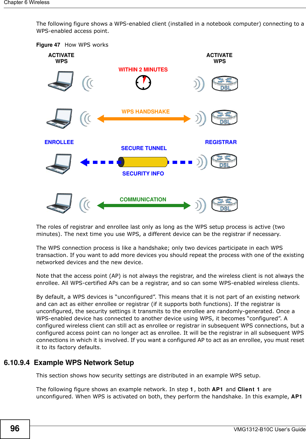 Chapter 6 WirelessVMG1312-B10C User’s Guide96The following figure shows a WPS-enabled client (installed in a notebook computer) connecting to a WPS-enabled access point.Figure 47   How WPS worksThe roles of registrar and enrollee last only as long as the WPS setup process is active (two minutes). The next time you use WPS, a different device can be the registrar if necessary.The WPS connection process is like a handshake; only two devices participate in each WPS transaction. If you want to add more devices you should repeat the process with one of the existing networked devices and the new device.Note that the access point (AP) is not always the registrar, and the wireless client is not always the enrollee. All WPS-certified APs can be a registrar, and so can some WPS-enabled wireless clients.By default, a WPS devices is “unconfigured”. This means that it is not part of an existing network and can act as either enrollee or registrar (if it supports both functions). If the registrar is unconfigured, the security settings it transmits to the enrollee are randomly-generated. Once a WPS-enabled device has connected to another device using WPS, it becomes “configured”. A configured wireless client can still act as enrollee or registrar in subsequent WPS connections, but a configured access point can no longer act as enrollee. It will be the registrar in all subsequent WPS connections in which it is involved. If you want a configured AP to act as an enrollee, you must reset it to its factory defaults.6.10.9.4  Example WPS Network SetupThis section shows how security settings are distributed in an example WPS setup.The following figure shows an example network. In step 1, both AP1  and Clie nt  1  are unconfigured. When WPS is activated on both, they perform the handshake. In this example, AP1  SECURE TUNNELSECURITY INFOWITHIN 2 MINUTESCOMMUNICATIONACTIVATEWPSACTIVATEWPSWPS HANDSHAKEREGISTRARENROLLEE