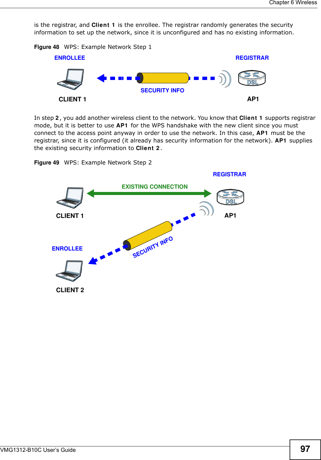  Chapter 6 WirelessVMG1312-B10C User’s Guide 97is the registrar, and Client  1  is the enrollee. The registrar randomly generates the security information to set up the network, since it is unconfigured and has no existing information.Figure 48   WPS: Example Network Step 1In step 2 , you add another wireless client to the network. You know that Client  1  supports registrar mode, but it is better to use AP1  for the WPS handshake with the new client since you must connect to the access point anyway in order to use the network. In this case, AP1  must be the registrar, since it is configured (it already has security information for the network). AP1  supplies the existing security information to Client  2 .Figure 49   WPS: Example Network Step 2REGISTRARENROLLEESECURITY INFOCLIENT 1 AP1REGISTRARCLIENT 1 AP1ENROLLEECLIENT 2EXISTING CONNECTIONSECURITY INFO