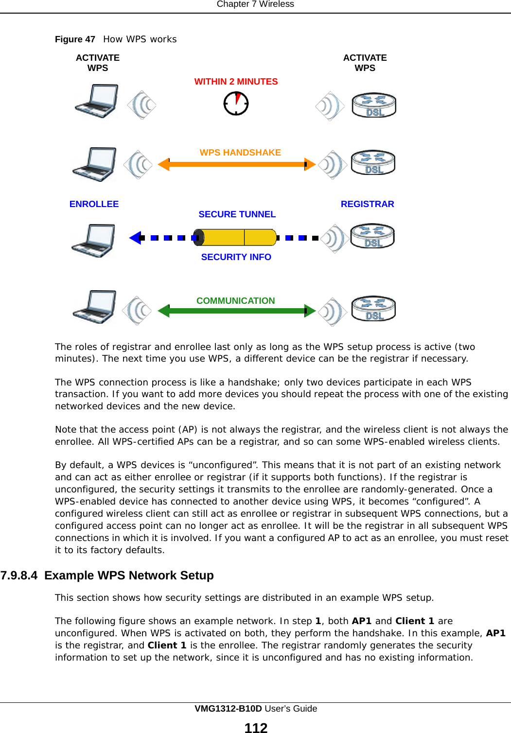 Chapter 7 Wireless                                Figure 47   How WPS works  ACTIVATE WPS         ENROLLEE     WITHIN 2 MINUTES       WPS HANDSHAKE      SECURE TUNNEL    SECURITY INFO   ACTIVATE WPS            REGISTRAR    COMMUNICATION    The roles of registrar and enrollee last only as long as the WPS setup process is active (two minutes). The next time you use WPS, a different device can be the registrar if necessary.  The WPS connection process is like a handshake; only two devices participate in each WPS transaction. If you want to add more devices you should repeat the process with one of the existing networked devices and the new device.  Note that the access point (AP) is not always the registrar, and the wireless client is not always the enrollee. All WPS-certified APs can be a registrar, and so can some WPS-enabled wireless clients.  By default, a WPS devices is “unconfigured”. This means that it is not part of an existing network and can act as either enrollee or registrar (if it supports both functions). If the registrar is unconfigured, the security settings it transmits to the enrollee are randomly-generated. Once a WPS-enabled device has connected to another device using WPS, it becomes “configured”. A configured wireless client can still act as enrollee or registrar in subsequent WPS connections, but a configured access point can no longer act as enrollee. It will be the registrar in all subsequent WPS connections in which it is involved. If you want a configured AP to act as an enrollee, you must reset it to its factory defaults.  7.9.8.4 Example WPS Network Setup  This section shows how security settings are distributed in an example WPS setup.  The following figure shows an example network. In step 1, both AP1 and Client 1 are unconfigured. When WPS is activated on both, they perform the handshake. In this example, AP1 is the registrar, and Client 1 is the enrollee. The registrar randomly generates the security information to set up the network, since it is unconfigured and has no existing information. VMG1312-B10D User’s Guide  112  