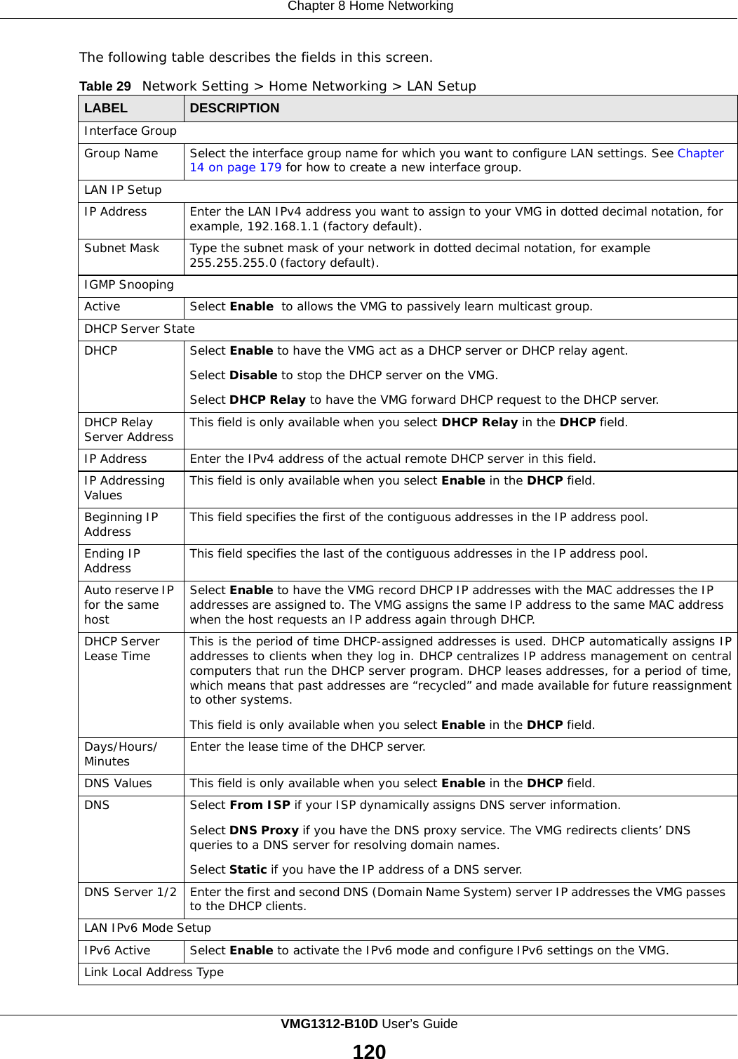Chapter 8 Home Networking    The following table describes the fields in this screen.  Table 29   Network Setting &gt; Home Networking &gt; LAN Setup  LABEL DESCRIPTION Interface Group Group Name Select the interface group name for which you want to configure LAN settings. See Chapter 14 on page 179 for how to create a new interface group. LAN IP Setup IP Address Enter the LAN IPv4 address you want to assign to your VMG in dotted decimal notation, for example, 192.168.1.1 (factory default). Subnet Mask Type the subnet mask of your network in dotted decimal notation, for example 255.255.255.0 (factory default). IGMP Snooping Active Select Enable to allows the VMG to passively learn multicast group. DHCP Server State DHCP Select Enable to have the VMG act as a DHCP server or DHCP relay agent. Select Disable to stop the DHCP server on the VMG. Select DHCP Relay to have the VMG forward DHCP request to the DHCP server. DHCP Relay Server Address This field is only available when you select DHCP Relay in the DHCP field. IP Address Enter the IPv4 address of the actual remote DHCP server in this field. IP Addressing Values This field is only available when you select Enable in the DHCP field. Beginning IP Address This field specifies the first of the contiguous addresses in the IP address pool. Ending IP Address This field specifies the last of the contiguous addresses in the IP address pool. Auto reserve IP for the same host Select Enable to have the VMG record DHCP IP addresses with the MAC addresses the IP addresses are assigned to. The VMG assigns the same IP address to the same MAC address when the host requests an IP address again through DHCP. DHCP Server Lease Time This is the period of time DHCP-assigned addresses is used. DHCP automatically assigns IP addresses to clients when they log in. DHCP centralizes IP address management on central computers that run the DHCP server program. DHCP leases addresses, for a period of time, which means that past addresses are “recycled” and made available for future reassignment to other systems.  This field is only available when you select Enable in the DHCP field. Days/Hours/ Minutes Enter the lease time of the DHCP server. DNS Values This field is only available when you select Enable in the DHCP field. DNS Select From ISP if your ISP dynamically assigns DNS server information.  Select DNS Proxy if you have the DNS proxy service. The VMG redirects clients’ DNS queries to a DNS server for resolving domain names.  Select Static if you have the IP address of a DNS server. DNS Server 1/2 Enter the first and second DNS (Domain Name System) server IP addresses the VMG passes to the DHCP clients. LAN IPv6 Mode Setup IPv6 Active Select Enable to activate the IPv6 mode and configure IPv6 settings on the VMG. Link Local Address Type VMG1312-B10D User’s Guide  120  