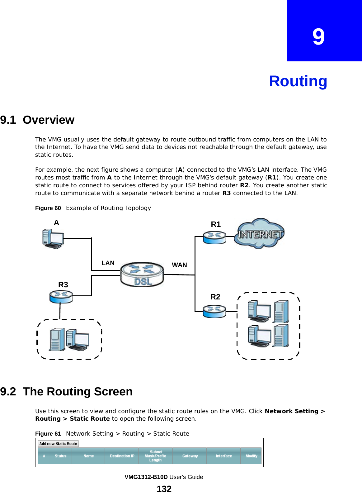                            9    Routing     9.1  Overview  The VMG usually uses the default gateway to route outbound traffic from computers on the LAN to the Internet. To have the VMG send data to devices not reachable through the default gateway, use static routes.  For example, the next figure shows a computer (A) connected to the VMG’s LAN interface. The VMG routes most traffic from A to the Internet through the VMG’s default gateway (R1). You create one static route to connect to services offered by your ISP behind router R2. You create another static route to communicate with a separate network behind a router R3 connected to the LAN.  Figure 60   Example of Routing Topology  A  R1      LAN WAN   R3 R2              9.2 The Routing Screen  Use this screen to view and configure the static route rules on the VMG. Click Network Setting &gt; Routing &gt; Static Route to open the following screen.  Figure 61   Network Setting &gt; Routing &gt; Static Route VMG1312-B10D User’s Guide 132  
