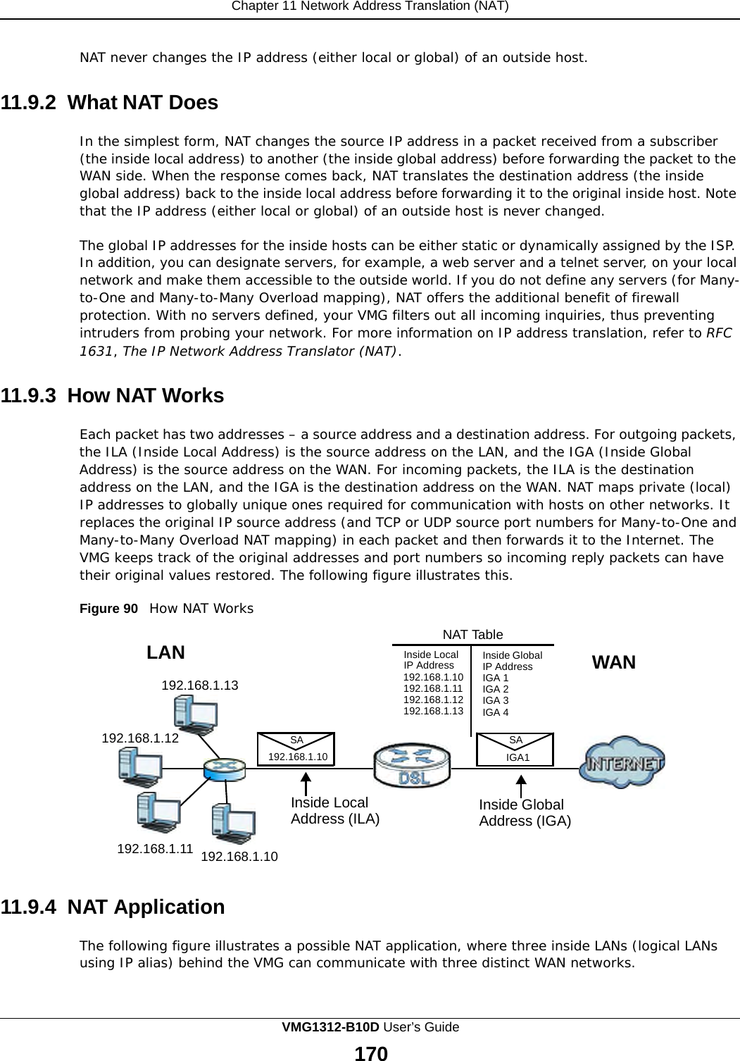 Chapter 11 Network Address Translation (NAT)                  NAT never changes the IP address (either local or global) of an outside host.   11.9.2 What NAT Does  In the simplest form, NAT changes the source IP address in a packet received from a subscriber (the inside local address) to another (the inside global address) before forwarding the packet to the WAN side. When the response comes back, NAT translates the destination address (the inside global address) back to the inside local address before forwarding it to the original inside host. Note that the IP address (either local or global) of an outside host is never changed.  The global IP addresses for the inside hosts can be either static or dynamically assigned by the ISP. In addition, you can designate servers, for example, a web server and a telnet server, on your local network and make them accessible to the outside world. If you do not define any servers (for Many- to-One and Many-to-Many Overload mapping), NAT offers the additional benefit of firewall protection. With no servers defined, your VMG filters out all incoming inquiries, thus preventing intruders from probing your network. For more information on IP address translation, refer to RFC 1631, The IP Network Address Translator (NAT).   11.9.3 How NAT Works  Each packet has two addresses – a source address and a destination address. For outgoing packets, the ILA (Inside Local Address) is the source address on the LAN, and the IGA (Inside Global Address) is the source address on the WAN. For incoming packets, the ILA is the destination address on the LAN, and the IGA is the destination address on the WAN. NAT maps private (local) IP addresses to globally unique ones required for communication with hosts on other networks. It replaces the original IP source address (and TCP or UDP source port numbers for Many-to-One and Many-to-Many Overload NAT mapping) in each packet and then forwards it to the Internet. The VMG keeps track of the original addresses and port numbers so incoming reply packets can have their original values restored. The following figure illustrates this.  Figure 90   How NAT Works   NAT Table LAN  192.168.1.13    192.168.1.12 SA 192.168.1.10 Inside Local IP Address 192.168.1.10 192.168.1.11 192.168.1.12 192.168.1.13  Inside Global IP Address IGA 1 IGA 2 IGA 3 IGA 4  SA IGA1  WAN      192.168.1.11  192.168.1.10 Inside Local Address (ILA) Inside Global Address (IGA)   11.9.4  NAT Application  The following figure illustrates a possible NAT application, where three inside LANs (logical LANs using IP alias) behind the VMG can communicate with three distinct WAN networks. VMG1312-B10D User’s Guide 170  