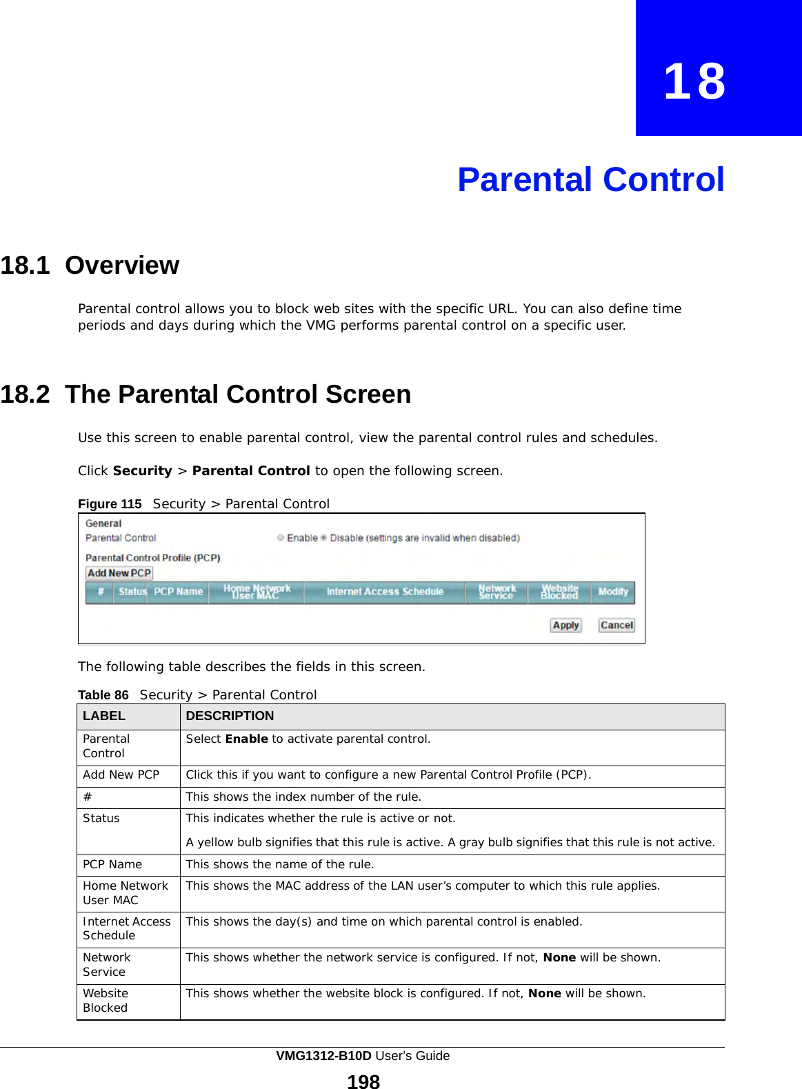    18     Parental Control     18.1 Overview  Parental control allows you to block web sites with the specific URL. You can also define time periods and days during which the VMG performs parental control on a specific user.    18.2 The Parental Control Screen  Use this screen to enable parental control, view the parental control rules and schedules. Click Security &gt; Parental Control to open the following screen. Figure 115   Security &gt; Parental Control           The following table describes the fields in this screen.  Table 86   Security &gt; Parental Control  LABEL DESCRIPTION Parental Control Select Enable to activate parental control. Add New PCP Click this if you want to configure a new Parental Control Profile (PCP). # This shows the index number of the rule. Status This indicates whether the rule is active or not.  A yellow bulb signifies that this rule is active. A gray bulb signifies that this rule is not active. PCP Name This shows the name of the rule. Home Network User MAC This shows the MAC address of the LAN user’s computer to which this rule applies. Internet Access Schedule This shows the day(s) and time on which parental control is enabled. Network Service This shows whether the network service is configured. If not, None will be shown. Website Blocked This shows whether the website block is configured. If not, None will be shown. VMG1312-B10D User’s Guide 198  