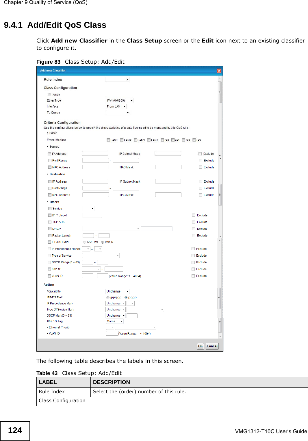 Chapter 9 Quality of Service (QoS)VMG1312-T10C User’s Guide1249.4.1  Add/Edit QoS Class Click Add new Classifier in the Class Setup screen or the Edit icon next to an existing classifier to configure it.Figure 83   Class Setup: Add/EditThe following table describes the labels in this screen.  Table 43   Class Setup: Add/EditLABEL DESCRIPTIONRule Index Select the (order) number of this rule.Class Configuration