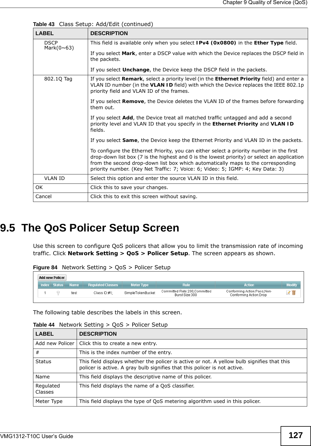  Chapter 9 Quality of Service (QoS)VMG1312-T10C User’s Guide 1279.5  The QoS Policer Setup ScreenUse this screen to configure QoS policers that allow you to limit the transmission rate of incoming traffic. Click Network Setting &gt; QoS &gt; Policer Setup. The screen appears as shown. Figure 84   Network Setting &gt; QoS &gt; Policer Setup The following table describes the labels in this screen.  DSCP Mark(0~63) This field is available only when you select IPv4 (0x0800) in the Ether Type field.If you select Mark, enter a DSCP value with which the Device replaces the DSCP field in the packets.If you select Unchange, the Device keep the DSCP field in the packets.802.1Q Tag If you select Remark, select a priority level (in the Ethernet Priority field) and enter a VLAN ID number (in the VLAN ID field) with which the Device replaces the IEEE 802.1p priority field and VLAN ID of the frames.If you select Remove, the Device deletes the VLAN ID of the frames before forwarding them out.If you select Add, the Device treat all matched traffic untagged and add a second priority level and VLAN ID that you specify in the Ethernet Priority and VLAN ID fields.If you select Same, the Device keep the Ethernet Priority and VLAN ID in the packets.To configure the Ethernet Priority, you can either select a priority number in the first drop-down list box (7 is the highest and 0 is the lowest priority) or select an application from the second drop-down list box which automatically maps to the corresponding priority number. (Key Net Traffic: 7; Voice: 6; Video: 5; IGMP: 4; Key Data: 3)VLAN ID Select this option and enter the source VLAN ID in this field.OK Click this to save your changes.Cancel Click this to exit this screen without saving.Table 43   Class Setup: Add/Edit (continued)LABEL DESCRIPTIONTable 44   Network Setting &gt; QoS &gt; Policer SetupLABEL DESCRIPTIONAdd new Policer Click this to create a new entry.#This is the index number of the entry.Status This field displays whether the policer is active or not. A yellow bulb signifies that this policer is active. A gray bulb signifies that this policer is not active.Name This field displays the descriptive name of this policer.Regulated ClassesThis field displays the name of a QoS classifier.Meter Type This field displays the type of QoS metering algorithm used in this policer.