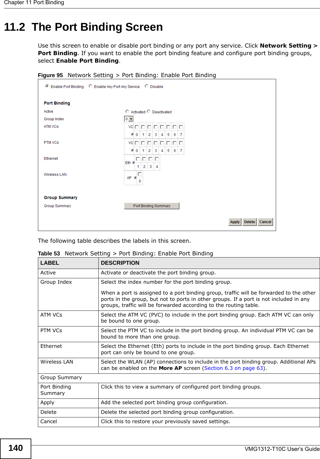 Chapter 11 Port BindingVMG1312-T10C User’s Guide14011.2  The Port Binding ScreenUse this screen to enable or disable port binding or any port any service. Click Network Setting &gt; Port Binding. If you want to enable the port binding feature and configure port binding groups, select Enable Port Binding. Figure 95   Network Setting &gt; Port Binding: Enable Port BindingThe following table describes the labels in this screen. Table 53   Network Setting &gt; Port Binding: Enable Port BindingLABEL DESCRIPTIONActive Activate or deactivate the port binding group.Group Index Select the index number for the port binding group. When a port is assigned to a port binding group, traffic will be forwarded to the other ports in the group, but not to ports in other groups. If a port is not included in any groups, traffic will be forwarded according to the routing table.ATM VCs Select the ATM VC (PVC) to include in the port binding group. Each ATM VC can only be bound to one group.PTM VCs Select the PTM VC to include in the port binding group. An individual PTM VC can be bound to more than one group.Ethernet Select the Ethernet (Eth) ports to include in the port binding group. Each Ethernet port can only be bound to one group.Wireless LAN Select the WLAN (AP) connections to include in the port binding group. Additional APs can be enabled on the More AP screen (Section 6.3 on page 63).Group SummaryPort Binding SummaryClick this to view a summary of configured port binding groups.Apply Add the selected port binding group configuration.Delete Delete the selected port binding group configuration. Cancel Click this to restore your previously saved settings.