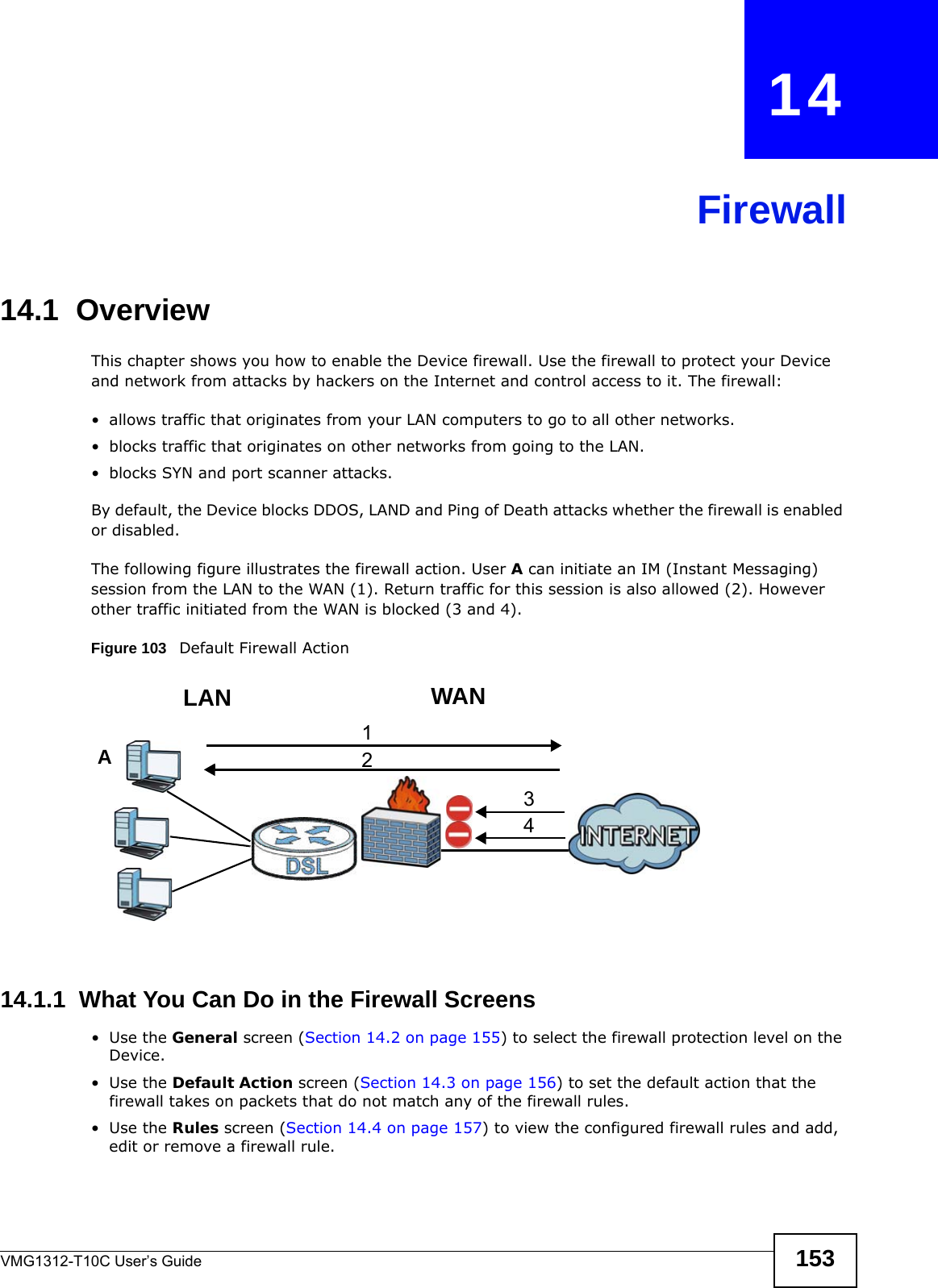 VMG1312-T10C User’s Guide 153CHAPTER   14Firewall14.1  OverviewThis chapter shows you how to enable the Device firewall. Use the firewall to protect your Device and network from attacks by hackers on the Internet and control access to it. The firewall:• allows traffic that originates from your LAN computers to go to all other networks. • blocks traffic that originates on other networks from going to the LAN.• blocks SYN and port scanner attacks.By default, the Device blocks DDOS, LAND and Ping of Death attacks whether the firewall is enabled or disabled.The following figure illustrates the firewall action. User A can initiate an IM (Instant Messaging) session from the LAN to the WAN (1). Return traffic for this session is also allowed (2). However other traffic initiated from the WAN is blocked (3 and 4).Figure 103   Default Firewall Action14.1.1  What You Can Do in the Firewall Screens•Use the General screen (Section 14.2 on page 155) to select the firewall protection level on the Device.•Use the Default Action screen (Section 14.3 on page 156) to set the default action that the firewall takes on packets that do not match any of the firewall rules.•Use the Rules screen (Section 14.4 on page 157) to view the configured firewall rules and add, edit or remove a firewall rule.WANLAN3412A