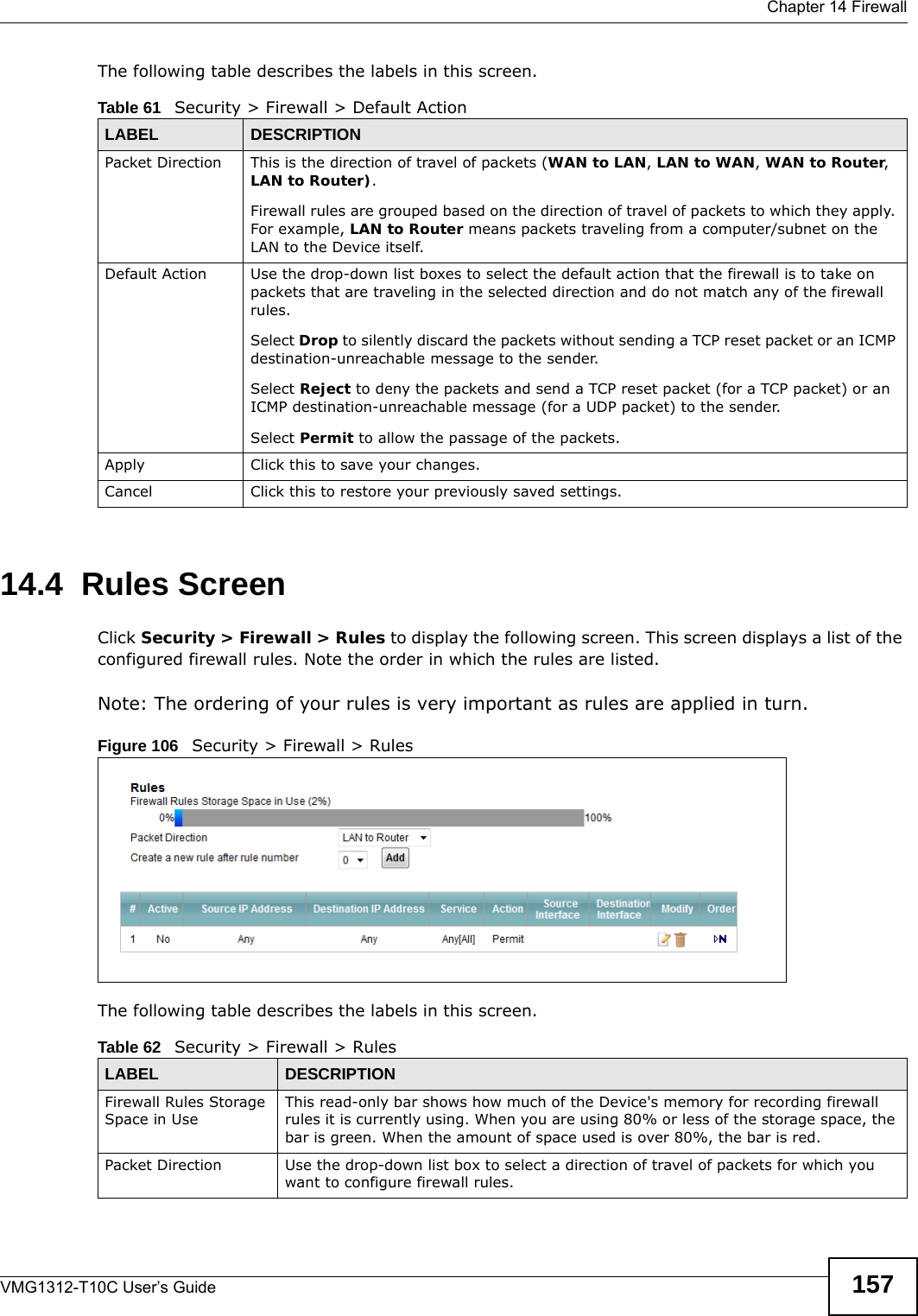  Chapter 14 FirewallVMG1312-T10C User’s Guide 157The following table describes the labels in this screen.14.4  Rules ScreenClick Security &gt; Firewall &gt; Rules to display the following screen. This screen displays a list of the configured firewall rules. Note the order in which the rules are listed.Note: The ordering of your rules is very important as rules are applied in turn.Figure 106   Security &gt; Firewall &gt; Rules The following table describes the labels in this screen. Table 61   Security &gt; Firewall &gt; Default ActionLABEL DESCRIPTIONPacket Direction This is the direction of travel of packets (WAN to LAN, LAN to WAN, WAN to Router, LAN to Router).Firewall rules are grouped based on the direction of travel of packets to which they apply. For example, LAN to Router means packets traveling from a computer/subnet on the LAN to the Device itself. Default Action Use the drop-down list boxes to select the default action that the firewall is to take on packets that are traveling in the selected direction and do not match any of the firewall rules. Select Drop to silently discard the packets without sending a TCP reset packet or an ICMP destination-unreachable message to the sender.Select Reject to deny the packets and send a TCP reset packet (for a TCP packet) or an ICMP destination-unreachable message (for a UDP packet) to the sender.Select Permit to allow the passage of the packets.Apply Click this to save your changes.Cancel Click this to restore your previously saved settings.Table 62   Security &gt; Firewall &gt; RulesLABEL DESCRIPTIONFirewall Rules Storage Space in UseThis read-only bar shows how much of the Device&apos;s memory for recording firewall rules it is currently using. When you are using 80% or less of the storage space, the bar is green. When the amount of space used is over 80%, the bar is red.Packet Direction Use the drop-down list box to select a direction of travel of packets for which you want to configure firewall rules.