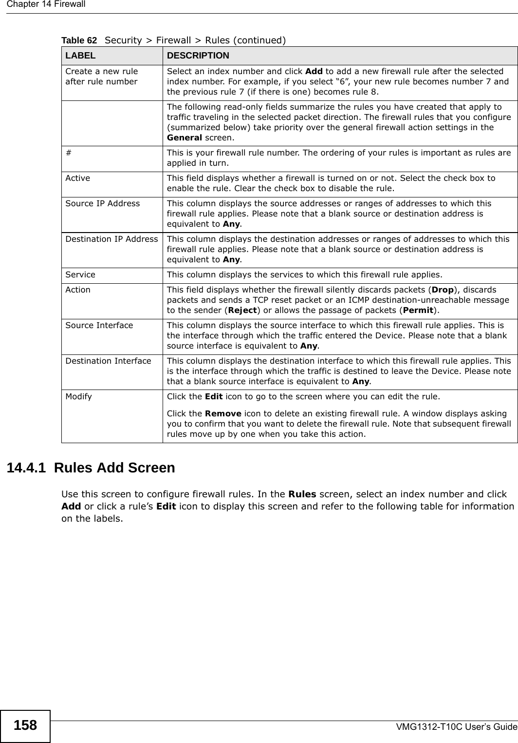 Chapter 14 FirewallVMG1312-T10C User’s Guide15814.4.1  Rules Add ScreenUse this screen to configure firewall rules. In the Rules screen, select an index number and click Add or click a rule’s Edit icon to display this screen and refer to the following table for information on the labels.Create a new rule after rule number Select an index number and click Add to add a new firewall rule after the selected index number. For example, if you select “6”, your new rule becomes number 7 and the previous rule 7 (if there is one) becomes rule 8.The following read-only fields summarize the rules you have created that apply to traffic traveling in the selected packet direction. The firewall rules that you configure (summarized below) take priority over the general firewall action settings in the General screen.# This is your firewall rule number. The ordering of your rules is important as rules are applied in turn. Active This field displays whether a firewall is turned on or not. Select the check box to enable the rule. Clear the check box to disable the rule.Source IP Address This column displays the source addresses or ranges of addresses to which this firewall rule applies. Please note that a blank source or destination address is equivalent to Any.Destination IP Address This column displays the destination addresses or ranges of addresses to which this firewall rule applies. Please note that a blank source or destination address is equivalent to Any.Service  This column displays the services to which this firewall rule applies. Action This field displays whether the firewall silently discards packets (Drop), discards packets and sends a TCP reset packet or an ICMP destination-unreachable message to the sender (Reject) or allows the passage of packets (Permit).Source Interface This column displays the source interface to which this firewall rule applies. This is the interface through which the traffic entered the Device. Please note that a blank source interface is equivalent to Any.Destination Interface This column displays the destination interface to which this firewall rule applies. This is the interface through which the traffic is destined to leave the Device. Please note that a blank source interface is equivalent to Any.Modify Click the Edit icon to go to the screen where you can edit the rule.Click the Remove icon to delete an existing firewall rule. A window displays asking you to confirm that you want to delete the firewall rule. Note that subsequent firewall rules move up by one when you take this action.Table 62   Security &gt; Firewall &gt; Rules (continued)LABEL DESCRIPTION