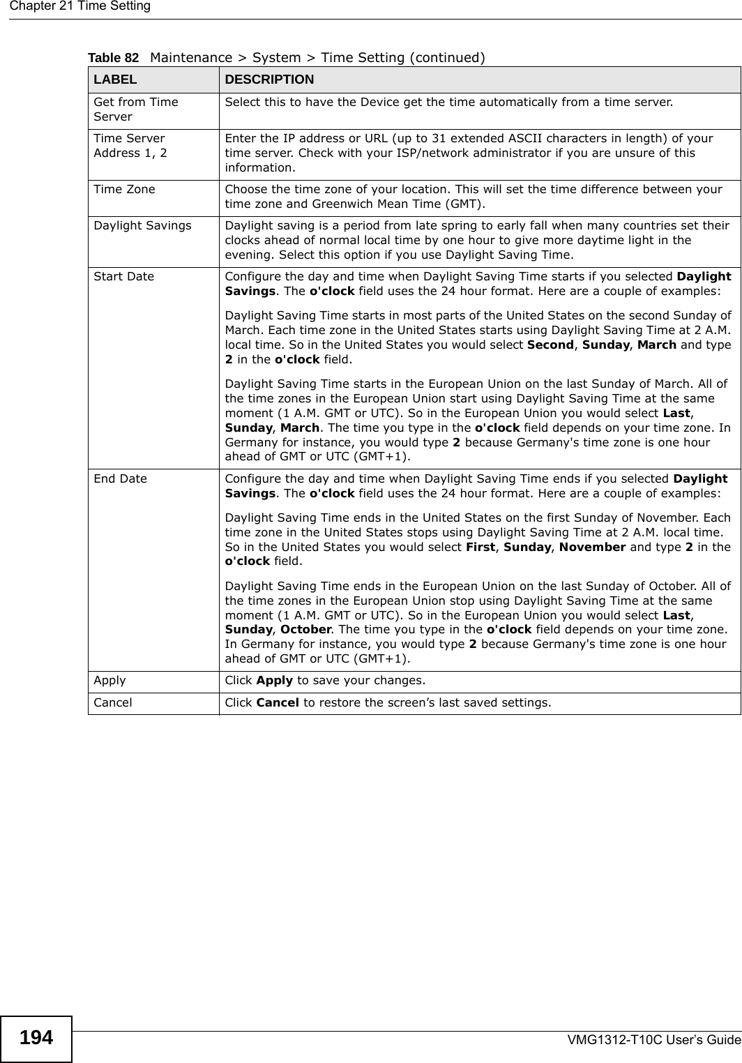 Chapter 21 Time SettingVMG1312-T10C User’s Guide194Get from Time ServerSelect this to have the Device get the time automatically from a time server.Time Server Address 1, 2Enter the IP address or URL (up to 31 extended ASCII characters in length) of your time server. Check with your ISP/network administrator if you are unsure of this information.Time Zone Choose the time zone of your location. This will set the time difference between your time zone and Greenwich Mean Time (GMT). Daylight Savings Daylight saving is a period from late spring to early fall when many countries set their clocks ahead of normal local time by one hour to give more daytime light in the evening. Select this option if you use Daylight Saving Time.Start Date Configure the day and time when Daylight Saving Time starts if you selected Daylight Savings. The o&apos;clock field uses the 24 hour format. Here are a couple of examples:Daylight Saving Time starts in most parts of the United States on the second Sunday of March. Each time zone in the United States starts using Daylight Saving Time at 2 A.M. local time. So in the United States you would select Second, Sunday, March and type 2 in the o&apos;clock field.Daylight Saving Time starts in the European Union on the last Sunday of March. All of the time zones in the European Union start using Daylight Saving Time at the same moment (1 A.M. GMT or UTC). So in the European Union you would select Last, Sunday, March. The time you type in the o&apos;clock field depends on your time zone. In Germany for instance, you would type 2 because Germany&apos;s time zone is one hour ahead of GMT or UTC (GMT+1).End Date Configure the day and time when Daylight Saving Time ends if you selected Daylight Savings. The o&apos;clock field uses the 24 hour format. Here are a couple of examples:Daylight Saving Time ends in the United States on the first Sunday of November. Each time zone in the United States stops using Daylight Saving Time at 2 A.M. local time. So in the United States you would select First, Sunday, November and type 2 in the o&apos;clock field.Daylight Saving Time ends in the European Union on the last Sunday of October. All of the time zones in the European Union stop using Daylight Saving Time at the same moment (1 A.M. GMT or UTC). So in the European Union you would select Last, Sunday, October. The time you type in the o&apos;clock field depends on your time zone. In Germany for instance, you would type 2 because Germany&apos;s time zone is one hour ahead of GMT or UTC (GMT+1). Apply Click Apply to save your changes.Cancel Click Cancel to restore the screen’s last saved settings.Table 82   Maintenance &gt; System &gt; Time Setting (continued)LABEL DESCRIPTION