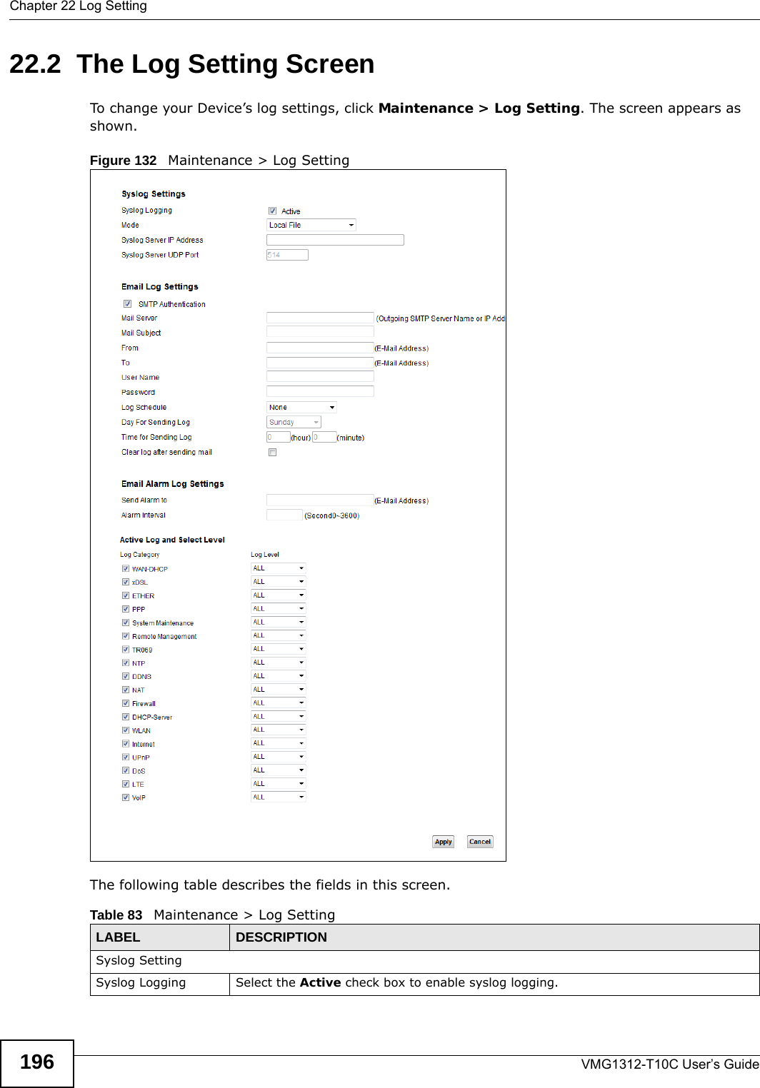 Chapter 22 Log SettingVMG1312-T10C User’s Guide19622.2  The Log Setting ScreenTo change your Device’s log settings, click Maintenance &gt; Log Setting. The screen appears as shown.Figure 132   Maintenance &gt; Log SettingThe following table describes the fields in this screen. Table 83   Maintenance &gt; Log SettingLABEL DESCRIPTIONSyslog SettingSyslog Logging Select the Active check box to enable syslog logging.