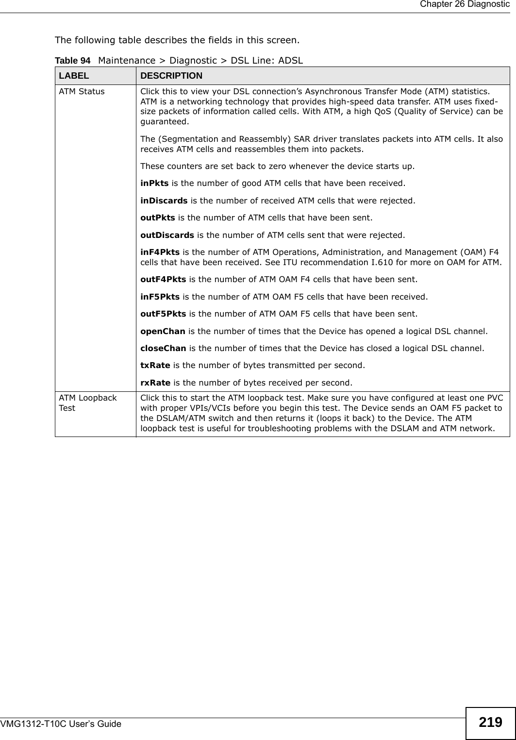  Chapter 26 DiagnosticVMG1312-T10C User’s Guide 219The following table describes the fields in this screen.  Table 94   Maintenance &gt; Diagnostic &gt; DSL Line: ADSLLABEL DESCRIPTIONATM Status Click this to view your DSL connection’s Asynchronous Transfer Mode (ATM) statistics. ATM is a networking technology that provides high-speed data transfer. ATM uses fixed-size packets of information called cells. With ATM, a high QoS (Quality of Service) can be guaranteed. The (Segmentation and Reassembly) SAR driver translates packets into ATM cells. It also receives ATM cells and reassembles them into packets.These counters are set back to zero whenever the device starts up.inPkts is the number of good ATM cells that have been received.inDiscards is the number of received ATM cells that were rejected.outPkts is the number of ATM cells that have been sent.outDiscards is the number of ATM cells sent that were rejected.inF4Pkts is the number of ATM Operations, Administration, and Management (OAM) F4 cells that have been received. See ITU recommendation I.610 for more on OAM for ATM.outF4Pkts is the number of ATM OAM F4 cells that have been sent. inF5Pkts is the number of ATM OAM F5 cells that have been received.outF5Pkts is the number of ATM OAM F5 cells that have been sent.openChan is the number of times that the Device has opened a logical DSL channel.closeChan is the number of times that the Device has closed a logical DSL channel.txRate is the number of bytes transmitted per second.rxRate is the number of bytes received per second.ATM Loopback TestClick this to start the ATM loopback test. Make sure you have configured at least one PVC with proper VPIs/VCIs before you begin this test. The Device sends an OAM F5 packet to the DSLAM/ATM switch and then returns it (loops it back) to the Device. The ATM loopback test is useful for troubleshooting problems with the DSLAM and ATM network.