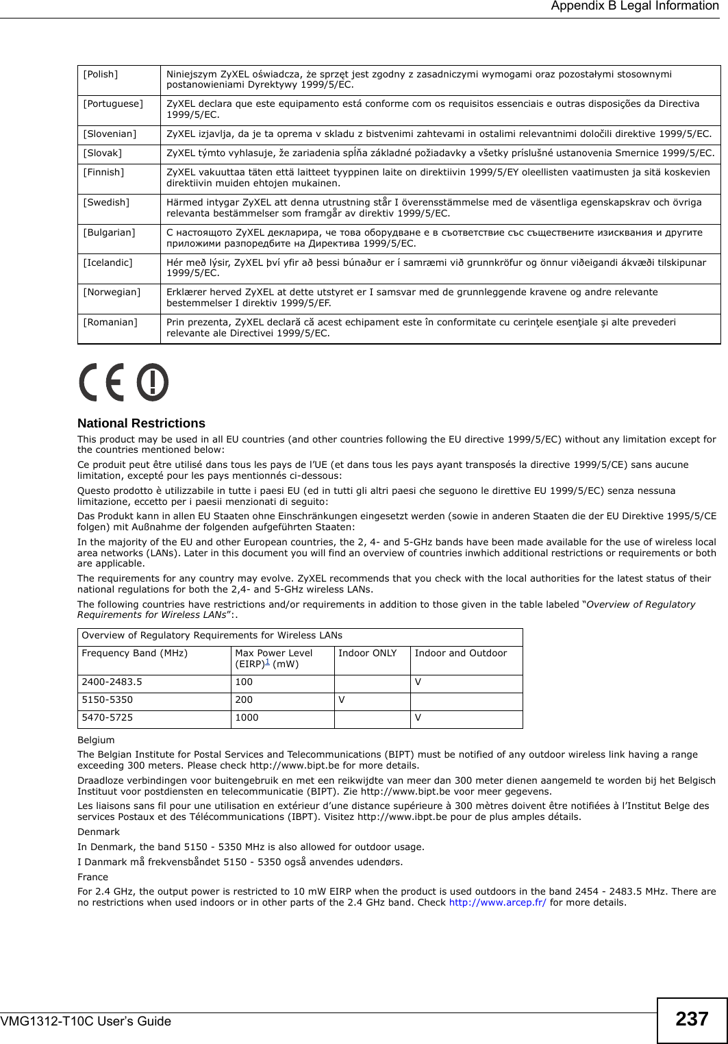  Appendix B Legal InformationVMG1312-T10C User’s Guide 237National RestrictionsThis product may be used in all EU countries (and other countries following the EU directive 1999/5/EC) without any limitation except for the countries mentioned below:Ce produit peut être utilisé dans tous les pays de l’UE (et dans tous les pays ayant transposés la directive 1999/5/CE) sans aucune limitation, excepté pour les pays mentionnés ci-dessous:Questo prodotto è utilizzabile in tutte i paesi EU (ed in tutti gli altri paesi che seguono le direttive EU 1999/5/EC) senza nessuna limitazione, eccetto per i paesii menzionati di seguito:Das Produkt kann in allen EU Staaten ohne Einschränkungen eingesetzt werden (sowie in anderen Staaten die der EU Direktive 1995/5/CE folgen) mit Außnahme der folgenden aufgeführten Staaten:In the majority of the EU and other European countries, the 2, 4- and 5-GHz bands have been made available for the use of wireless local area networks (LANs). Later in this document you will find an overview of countries inwhich additional restrictions or requirements or both are applicable.The requirements for any country may evolve. ZyXEL recommends that you check with the local authorities for the latest status of their national regulations for both the 2,4- and 5-GHz wireless LANs.The following countries have restrictions and/or requirements in addition to those given in the table labeled “Overview of Regulatory Requirements for Wireless LANs”:.BelgiumThe Belgian Institute for Postal Services and Telecommunications (BIPT) must be notified of any outdoor wireless link having a range exceeding 300 meters. Please check http://www.bipt.be for more details.Draadloze verbindingen voor buitengebruik en met een reikwijdte van meer dan 300 meter dienen aangemeld te worden bij het Belgisch Instituut voor postdiensten en telecommunicatie (BIPT). Zie http://www.bipt.be voor meer gegevens.Les liaisons sans fil pour une utilisation en extérieur d’une distance supérieure à 300 mètres doivent être notifiées à l’Institut Belge des services Postaux et des Télécommunications (IBPT). Visitez http://www.ibpt.be pour de plus amples détails.DenmarkIn Denmark, the band 5150 - 5350 MHz is also allowed for outdoor usage.I Danmark må frekvensbåndet 5150 - 5350 også anvendes udendørs.FranceFor 2.4 GHz, the output power is restricted to 10 mW EIRP when the product is used outdoors in the band 2454 - 2483.5 MHz. There are no restrictions when used indoors or in other parts of the 2.4 GHz band. Check http://www.arcep.fr/ for more details.[Polish] Niniejszym ZyXEL oświadcza, że sprzęt jest zgodny z zasadniczymi wymogami oraz pozostałymi stosownymi postanowieniami Dyrektywy 1999/5/EC.[Portuguese] ZyXEL declara que este equipamento está conforme com os requisitos essenciais e outras disposições da Directiva 1999/5/EC.[Slovenian] ZyXEL izjavlja, da je ta oprema v skladu z bistvenimi zahtevami in ostalimi relevantnimi določili direktive 1999/5/EC.[Slovak] ZyXEL týmto vyhlasuje, že zariadenia spĺňa základné požiadavky a všetky príslušné ustanovenia Smernice 1999/5/EC.[Finnish] ZyXEL vakuuttaa täten että laitteet tyyppinen laite on direktiivin 1999/5/EY oleellisten vaatimusten ja sitä koskevien direktiivin muiden ehtojen mukainen.[Swedish] Härmed intygar ZyXEL att denna utrustning står I överensstämmelse med de väsentliga egenskapskrav och övriga relevanta bestämmelser som framgår av direktiv 1999/5/EC.[Bulgarian] С настоящото ZyXEL декларира, че това оборудване е в съответствие със съществените изисквания и другите приложими разпоредбите на Директива 1999/5/ЕC.[Icelandic] Hér með lýsir, ZyXEL því yfir að þessi búnaður er í samræmi við grunnkröfur og önnur viðeigandi ákvæði tilskipunar 1999/5/EC.[Norwegian] Erklærer herved ZyXEL at dette utstyret er I samsvar med de grunnleggende kravene og andre relevante bestemmelser I direktiv 1999/5/EF.[Romanian] Prin prezenta, ZyXEL declară că acest echipament este în conformitate cu cerinţele esenţiale şi alte prevederi relevante ale Directivei 1999/5/EC.Overview of Regulatory Requirements for Wireless LANs Frequency Band (MHz)  Max Power Level(EIRP)1 (mW)  Indoor ONLY  Indoor and Outdoor 2400-2483.5 100  V 5150-5350 200 V  5470-5725 1000  V 