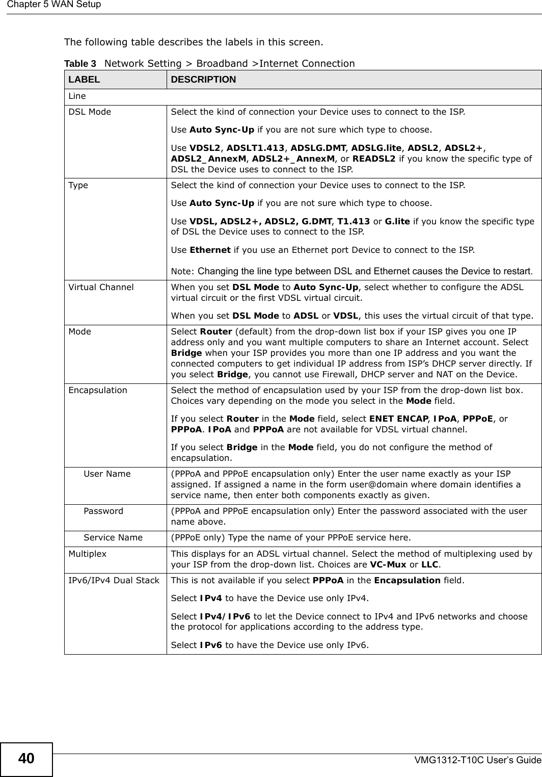 Chapter 5 WAN SetupVMG1312-T10C User’s Guide40The following table describes the labels in this screen. Table 3   Network Setting &gt; Broadband &gt;Internet ConnectionLABEL DESCRIPTIONLineDSL Mode Select the kind of connection your Device uses to connect to the ISP. Use Auto Sync-Up if you are not sure which type to choose. Use VDSL2, ADSLT1.413, ADSLG.DMT, ADSLG.lite, ADSL2, ADSL2+, ADSL2_AnnexM, ADSL2+_AnnexM, or READSL2 if you know the specific type of DSL the Device uses to connect to the ISP. Type Select the kind of connection your Device uses to connect to the ISP. Use Auto Sync-Up if you are not sure which type to choose. Use VDSL, ADSL2+, ADSL2, G.DMT, T1.413 or G.lite if you know the specific type of DSL the Device uses to connect to the ISP. Use Ethernet if you use an Ethernet port Device to connect to the ISP. Note: Changing the line type between DSL and Ethernet causes the Device to restart.Virtual Channel When you set DSL Mode to Auto Sync-Up, select whether to configure the ADSL virtual circuit or the first VDSL virtual circuit. When you set DSL Mode to ADSL or VDSL, this uses the virtual circuit of that type.Mode Select Router (default) from the drop-down list box if your ISP gives you one IP address only and you want multiple computers to share an Internet account. Select Bridge when your ISP provides you more than one IP address and you want the connected computers to get individual IP address from ISP’s DHCP server directly. If you select Bridge, you cannot use Firewall, DHCP server and NAT on the Device.Encapsulation Select the method of encapsulation used by your ISP from the drop-down list box. Choices vary depending on the mode you select in the Mode field. If you select Router in the Mode field, select ENET ENCAP, IPoA, PPPoE, or PPPoA. IPoA and PPPoA are not available for VDSL virtual channel. If you select Bridge in the Mode field, you do not configure the method of encapsulation.User Name (PPPoA and PPPoE encapsulation only) Enter the user name exactly as your ISP assigned. If assigned a name in the form user@domain where domain identifies a service name, then enter both components exactly as given.Password (PPPoA and PPPoE encapsulation only) Enter the password associated with the user name above.Service Name (PPPoE only) Type the name of your PPPoE service here.Multiplex This displays for an ADSL virtual channel. Select the method of multiplexing used by your ISP from the drop-down list. Choices are VC-Mux or LLC.IPv6/IPv4 Dual Stack This is not available if you select PPPoA in the Encapsulation field.Select IPv4 to have the Device use only IPv4.Select IPv4/IPv6 to let the Device connect to IPv4 and IPv6 networks and choose the protocol for applications according to the address type. Select IPv6 to have the Device use only IPv6.