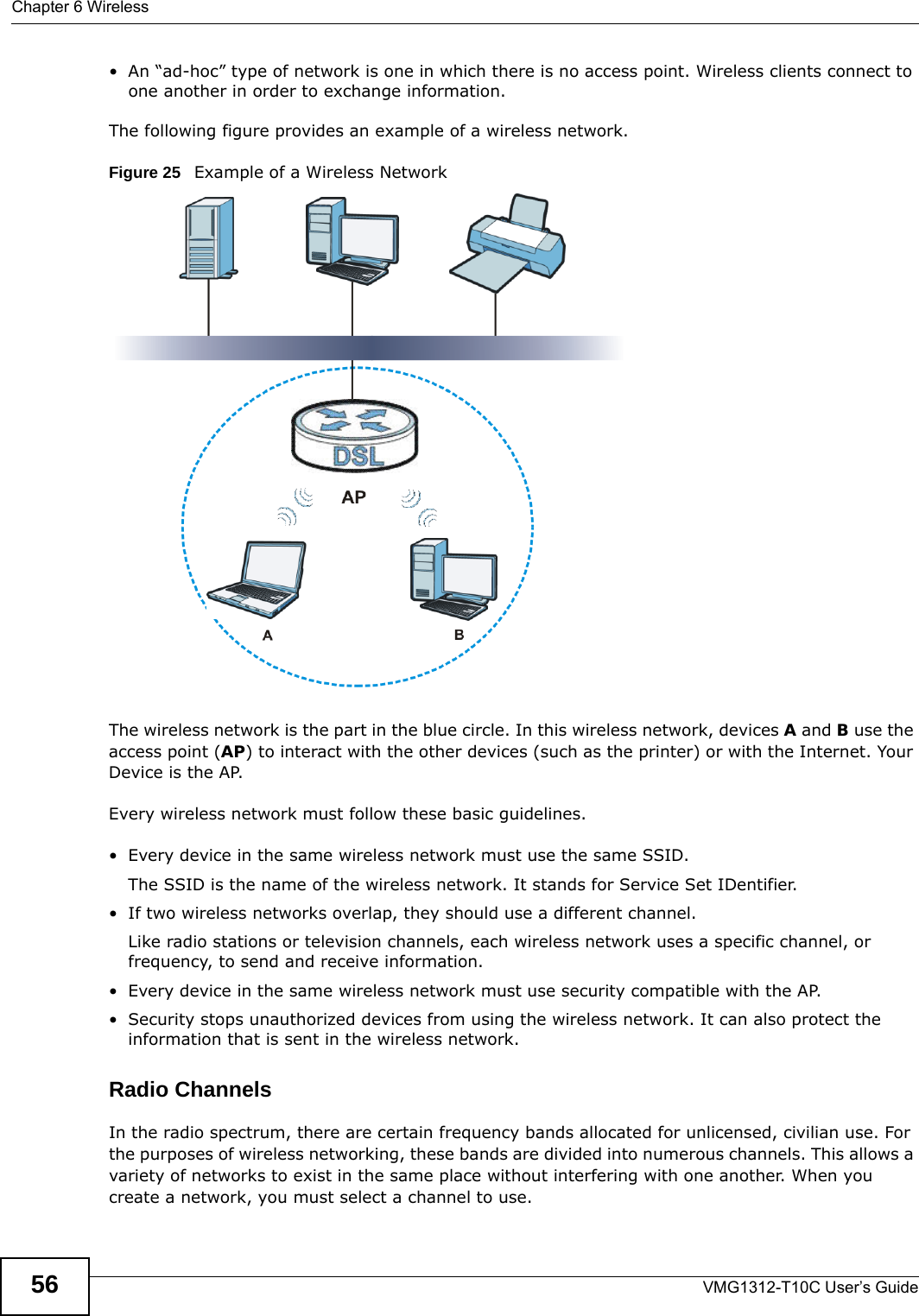 Chapter 6 WirelessVMG1312-T10C User’s Guide56• An “ad-hoc” type of network is one in which there is no access point. Wireless clients connect to one another in order to exchange information.The following figure provides an example of a wireless network.Figure 25   Example of a Wireless NetworkThe wireless network is the part in the blue circle. In this wireless network, devices A and B use the access point (AP) to interact with the other devices (such as the printer) or with the Internet. Your Device is the AP.Every wireless network must follow these basic guidelines.• Every device in the same wireless network must use the same SSID.The SSID is the name of the wireless network. It stands for Service Set IDentifier.• If two wireless networks overlap, they should use a different channel.Like radio stations or television channels, each wireless network uses a specific channel, or frequency, to send and receive information.• Every device in the same wireless network must use security compatible with the AP.• Security stops unauthorized devices from using the wireless network. It can also protect the information that is sent in the wireless network.Radio ChannelsIn the radio spectrum, there are certain frequency bands allocated for unlicensed, civilian use. For the purposes of wireless networking, these bands are divided into numerous channels. This allows a variety of networks to exist in the same place without interfering with one another. When you create a network, you must select a channel to use. 