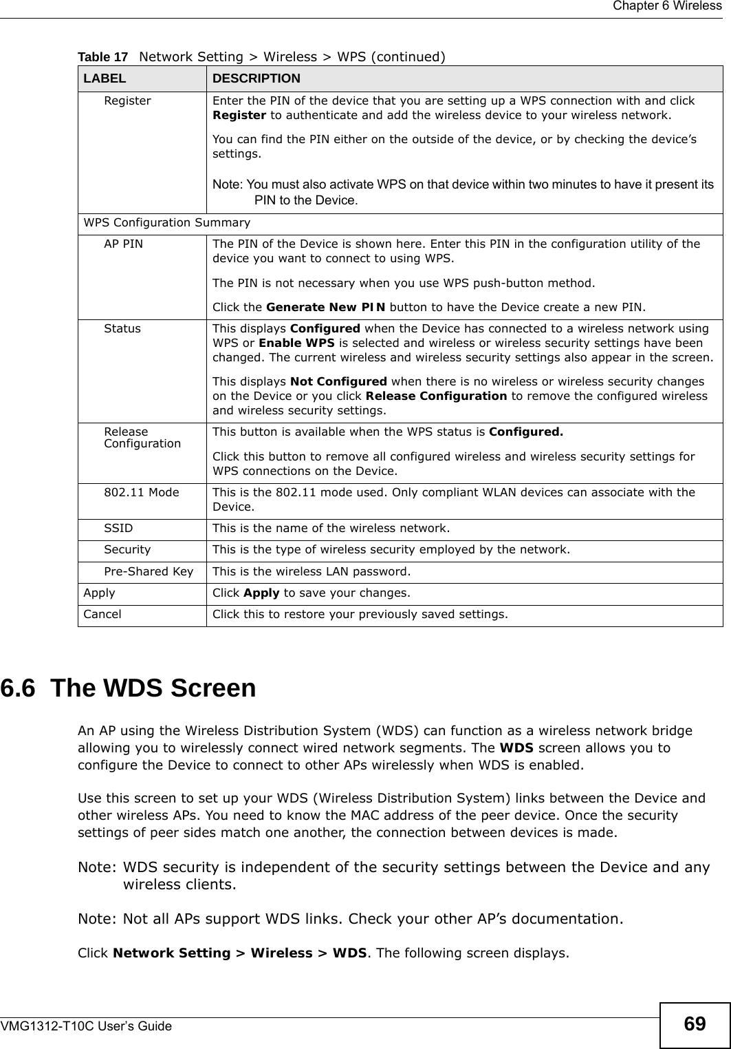  Chapter 6 WirelessVMG1312-T10C User’s Guide 696.6  The WDS ScreenAn AP using the Wireless Distribution System (WDS) can function as a wireless network bridge allowing you to wirelessly connect wired network segments. The WDS screen allows you to configure the Device to connect to other APs wirelessly when WDS is enabled. Use this screen to set up your WDS (Wireless Distribution System) links between the Device and other wireless APs. You need to know the MAC address of the peer device. Once the security settings of peer sides match one another, the connection between devices is made. Note: WDS security is independent of the security settings between the Device and any wireless clients.Note: Not all APs support WDS links. Check your other AP’s documentation.Click Network Setting &gt; Wireless &gt; WDS. The following screen displays.Register Enter the PIN of the device that you are setting up a WPS connection with and click Register to authenticate and add the wireless device to your wireless network.You can find the PIN either on the outside of the device, or by checking the device’s settings.Note: You must also activate WPS on that device within two minutes to have it present its PIN to the Device.WPS Configuration SummaryAP PIN The PIN of the Device is shown here. Enter this PIN in the configuration utility of the device you want to connect to using WPS.The PIN is not necessary when you use WPS push-button method.Click the Generate New PIN button to have the Device create a new PIN.Status This displays Configured when the Device has connected to a wireless network using WPS or Enable WPS is selected and wireless or wireless security settings have been changed. The current wireless and wireless security settings also appear in the screen.This displays Not Configured when there is no wireless or wireless security changes on the Device or you click Release Configuration to remove the configured wireless and wireless security settings.Release Configuration This button is available when the WPS status is Configured.Click this button to remove all configured wireless and wireless security settings for WPS connections on the Device.802.11 Mode This is the 802.11 mode used. Only compliant WLAN devices can associate with the Device.SSID This is the name of the wireless network.Security This is the type of wireless security employed by the network.Pre-Shared Key This is the wireless LAN password. Apply Click Apply to save your changes.Cancel Click this to restore your previously saved settings.Table 17   Network Setting &gt; Wireless &gt; WPS (continued)LABEL DESCRIPTION