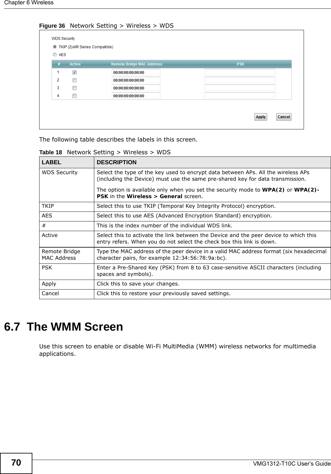 Chapter 6 WirelessVMG1312-T10C User’s Guide70Figure 36   Network Setting &gt; Wireless &gt; WDSThe following table describes the labels in this screen.6.7  The WMM ScreenUse this screen to enable or disable Wi-Fi MultiMedia (WMM) wireless networks for multimedia applications.Table 18   Network Setting &gt; Wireless &gt; WDSLABEL DESCRIPTIONWDS Security Select the type of the key used to encrypt data between APs. All the wireless APs (including the Device) must use the same pre-shared key for data transmission.The option is available only when you set the security mode to WPA(2) or WPA(2)-PSK in the Wireless &gt; General screen.TKIP Select this to use TKIP (Temporal Key Integrity Protocol) encryption.AES Select this to use AES (Advanced Encryption Standard) encryption. # This is the index number of the individual WDS link.Active Select this to activate the link between the Device and the peer device to which this entry refers. When you do not select the check box this link is down.Remote Bridge MAC AddressType the MAC address of the peer device in a valid MAC address format (six hexadecimal character pairs, for example 12:34:56:78:9a:bc).PSK Enter a Pre-Shared Key (PSK) from 8 to 63 case-sensitive ASCII characters (including spaces and symbols).Apply Click this to save your changes.Cancel Click this to restore your previously saved settings.