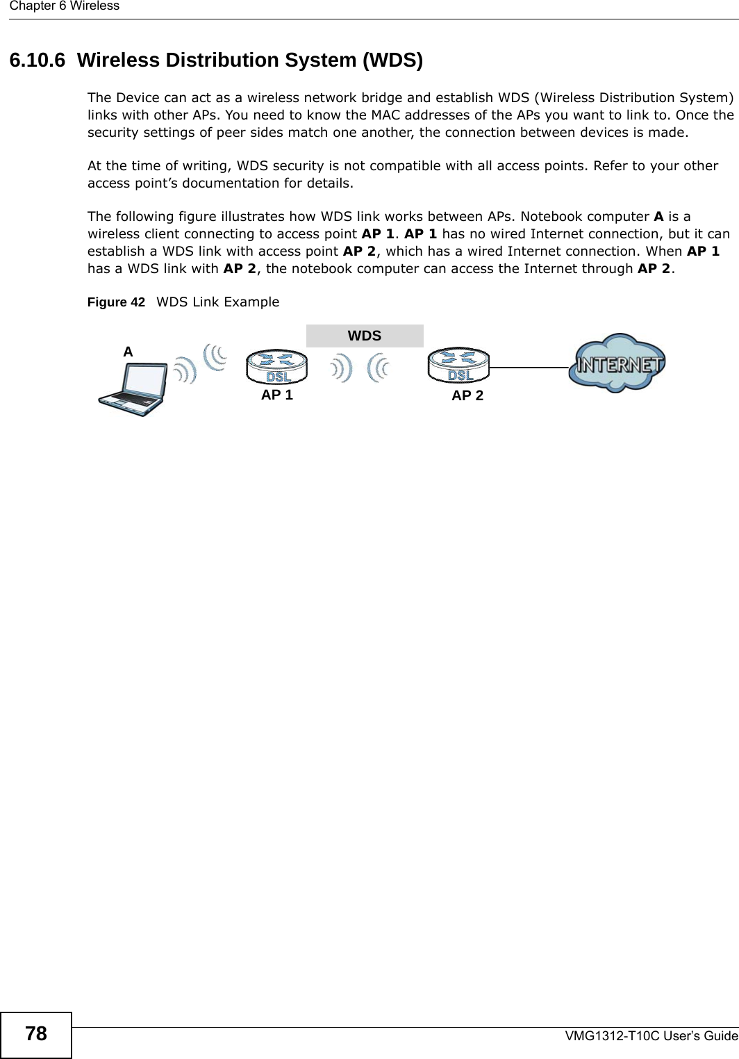 Chapter 6 WirelessVMG1312-T10C User’s Guide786.10.6  Wireless Distribution System (WDS)The Device can act as a wireless network bridge and establish WDS (Wireless Distribution System) links with other APs. You need to know the MAC addresses of the APs you want to link to. Once the security settings of peer sides match one another, the connection between devices is made.At the time of writing, WDS security is not compatible with all access points. Refer to your other access point’s documentation for details.The following figure illustrates how WDS link works between APs. Notebook computer A is a wireless client connecting to access point AP 1. AP 1 has no wired Internet connection, but it can establish a WDS link with access point AP 2, which has a wired Internet connection. When AP 1 has a WDS link with AP 2, the notebook computer can access the Internet through AP 2.Figure 42   WDS Link ExampleWDSAP 2AP 1A