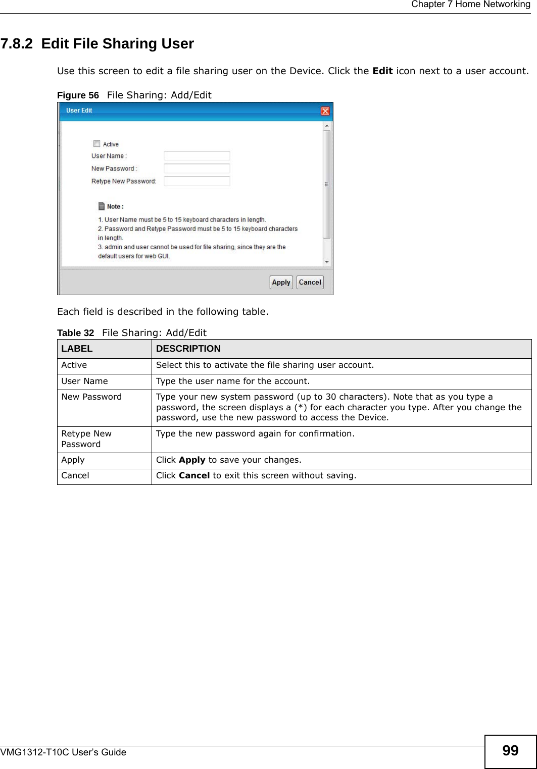  Chapter 7 Home NetworkingVMG1312-T10C User’s Guide 997.8.2  Edit File Sharing UserUse this screen to edit a file sharing user on the Device. Click the Edit icon next to a user account.Figure 56   File Sharing: Add/EditEach field is described in the following table.Table 32   File Sharing: Add/EditLABEL DESCRIPTIONActive Select this to activate the file sharing user account.User Name Type the user name for the account.New Password Type your new system password (up to 30 characters). Note that as you type a password, the screen displays a (*) for each character you type. After you change the password, use the new password to access the Device.Retype New PasswordType the new password again for confirmation.Apply Click Apply to save your changes.Cancel Click Cancel to exit this screen without saving.