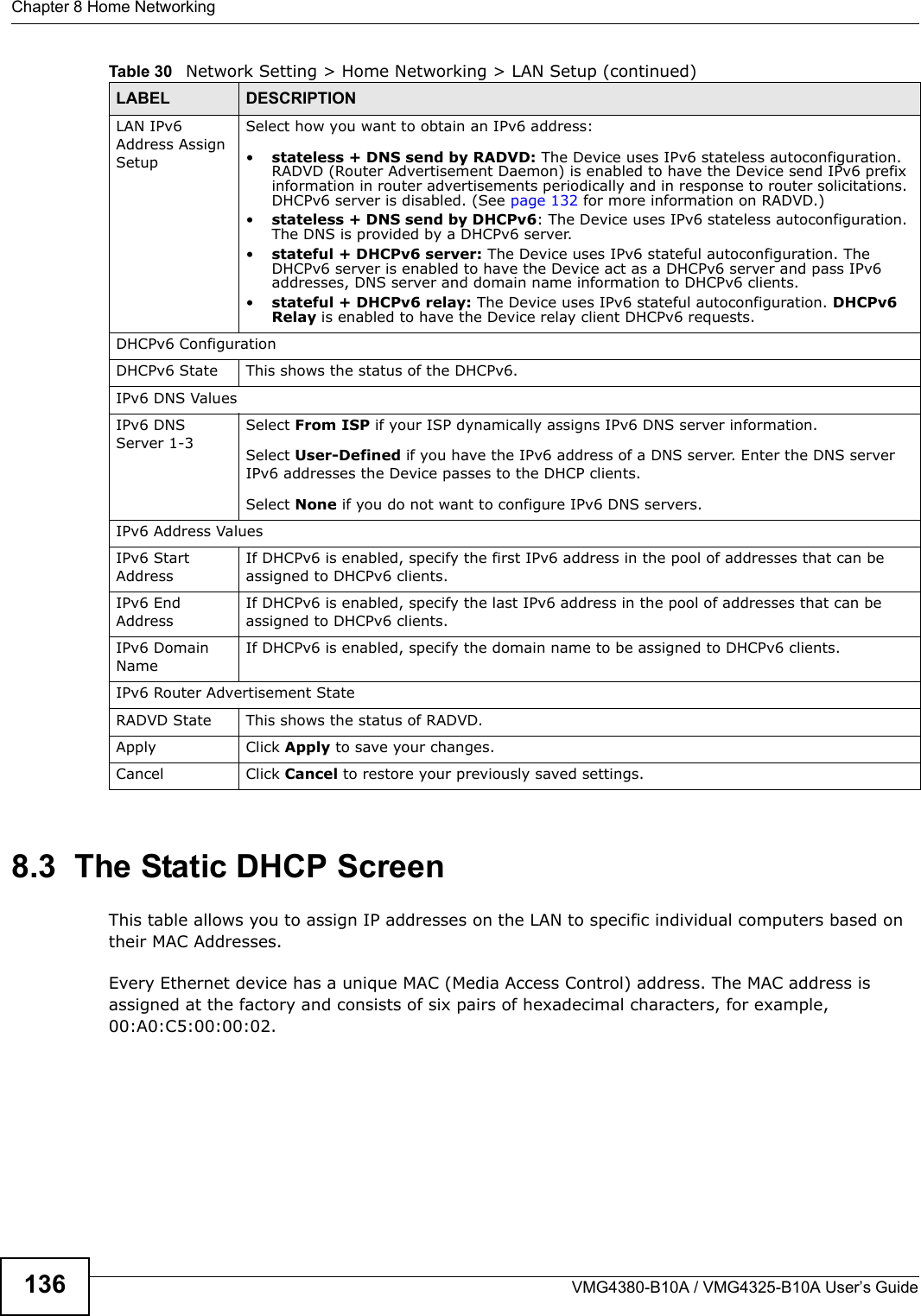 Chapter 8 Home NetworkingVMG4380-B10A / VMG4325-B10A User’s Guide1368.3  The Static DHCP ScreenThis table allows you to assign IP addresses on the LAN to specific individual computers based ontheir MAC Addresses. Every Ethernet device has a unique MAC (Media Access Control) address. The MAC address is assigned at the factory and consists of six pairs of hexadecimal characters, for example, 00:A0:C5:00:00:02.LAN IPv6Address AssignSetupSelect how you want to obtain an IPv6 address:•stateless + DNS send by RADVD: The Device uses IPv6 stateless autoconfiguration. RADVD (Router Advertisement Daemon) is enabled to have the Device send IPv6 prefixinformation in router advertisements periodically and in response to router solicitations.DHCPv6 server is disabled. (See page 132 for more information on RADVD.)•stateless + DNS send by DHCPv6: The Device uses IPv6 stateless autoconfiguration. The DNS is provided by a DHCPv6 server.•stateful + DHCPv6 server: The Device uses IPv6 stateful autoconfiguration. The DHCPv6 server is enabled to have the Device act as a DHCPv6 server and pass IPv6 addresses, DNS server and domain name information to DHCPv6 clients.•stateful + DHCPv6 relay: The Device uses IPv6 stateful autoconfiguration. DHCPv6Relay is enabled to have the Device relay client DHCPv6 requests. DHCPv6 ConfigurationDHCPv6 State This shows the status of the DHCPv6.IPv6 DNS ValuesIPv6 DNSServer 1-3Select From ISP if your ISP dynamically assigns IPv6 DNS server information.Select User-Defined if you have the IPv6 address of a DNS server. Enter the DNS server IPv6 addresses the Device passes to the DHCP clients.Select None if you do not want to configure IPv6 DNS servers.IPv6 Address ValuesIPv6 Start AddressIf DHCPv6 is enabled, specify the first IPv6 address in the pool of addresses that can be assigned to DHCPv6 clients.IPv6 EndAddressIf DHCPv6 is enabled, specify the last IPv6 address in the pool of addresses that can beassigned to DHCPv6 clients.IPv6 DomainNameIf DHCPv6 is enabled, specify the domain name to be assigned to DHCPv6 clients.IPv6 Router Advertisement StateRADVD State  This shows the status of RADVD.Apply Click Apply to save your changes.Cancel Click Cancel to restore your previously saved settings.Table 30   Network Setting &gt; Home Networking &gt; LAN Setup (continued)LABEL DESCRIPTION
