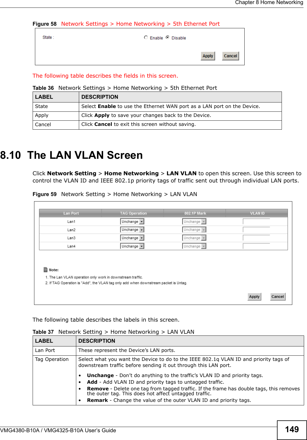 Chapter 8 Home NetworkingVMG4380-B10A / VMG4325-B10A User’s Guide 149Figure 58 Network Settings &gt; Home Networking &gt; 5th Ethernet PortThe following table describes the fields in this screen.  8.10  The LAN VLAN ScreenClick Network Setting &gt; Home Networking &gt; LAN VLAN to open this screen. Use this screen to control the VLAN ID and IEEE 802.1p priority tags of traffic sent out through individual LAN ports. Figure 59   Network Setting &gt; Home Networking &gt; LAN VLANThe following table describes the labels in this screen.Table 36   Network Settings &gt; Home Networking &gt; 5th Ethernet PortLABEL DESCRIPTIONState Select Enable to use the Ethernet WAN port as a LAN port on the Device.Apply Click Apply to save your changes back to the Device.Cancel Click Cancel to exit this screen without saving.Table 37   Network Setting &gt; Home Networking &gt; LAN VLANLABEL DESCRIPTIONLan Port These represent the Device’s LAN ports.Tag Operation Select what you want the Device to do to the IEEE 802.1q VLAN ID and priority tags ofdownstream traffic before sending it out through this LAN port.•Unchange - Don’t do anything to the traffic’s VLAN ID and priority tags.•Add - Add VLAN ID and priority tags to untagged traffic.•Remove - Delete one tag from tagged traffic. If the frame has double tags, this removes the outer tag. This does not affect untagged traffic.•Remark - Change the value of the outer VLAN ID and priority tags.