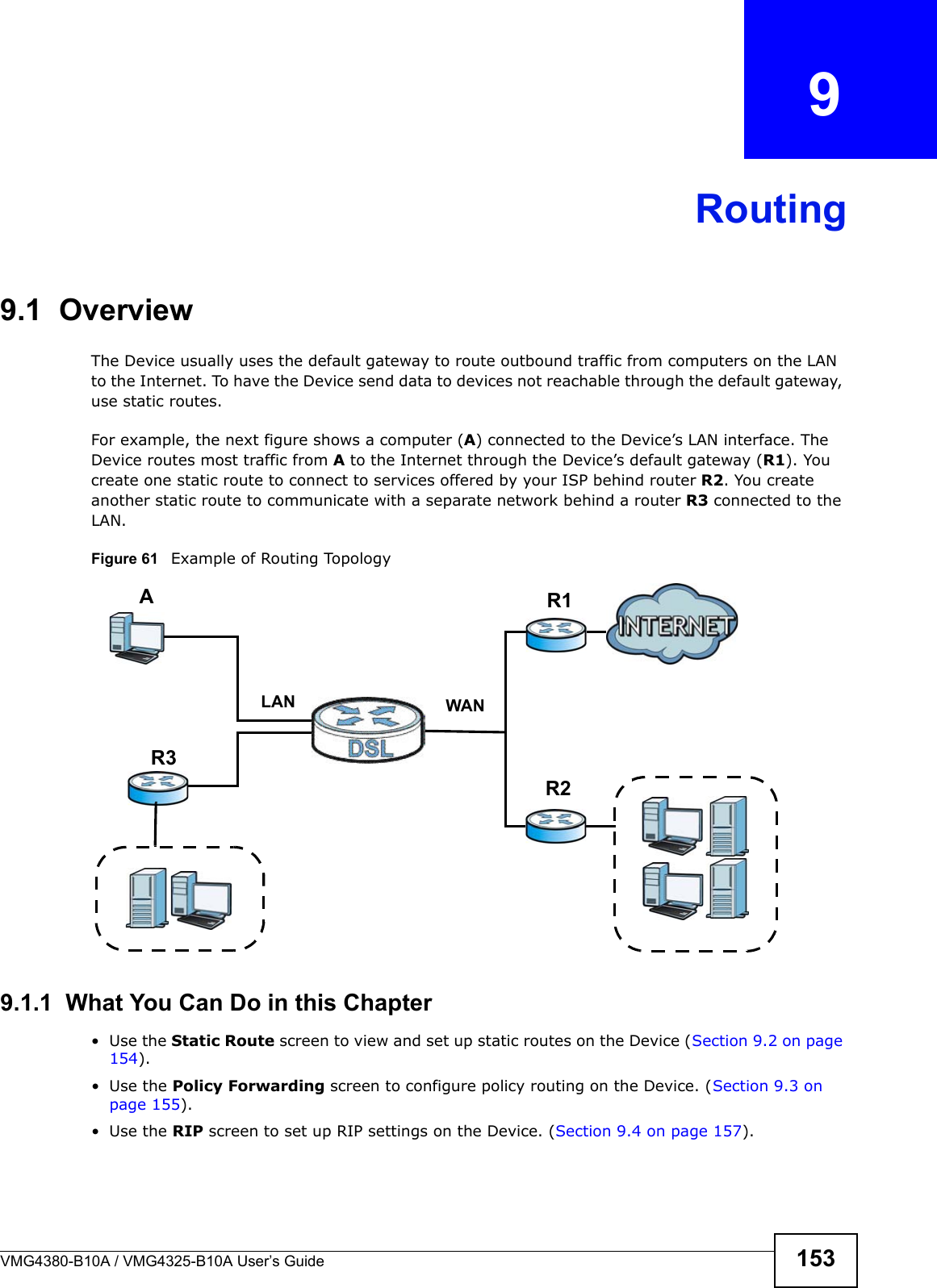 VMG4380-B10A / VMG4325-B10A User’s Guide 153CHAPTER  9Routing9.1  Overview The Device usually uses the default gateway to route outbound traffic from computers on the LAN to the Internet. To have the Device send data to devices not reachable through the default gateway,use static routes.For example, the next figure shows a computer (A) connected to the Device’s LAN interface. The Device routes most traffic from A to the Internet through the Device’s default gateway (R1). You create one static route to connect to services offered by your ISP behind router R2. You createanother static route to communicate with a separate network behind a router R3 connected to the LAN.   Figure 61   Example of Routing Topology9.1.1  What You Can Do in this Chapter• Use the Static Route screen to view and set up static routes on the Device (Section 9.2 on page154).• Use the Policy Forwarding screen to configure policy routing on the Device. (Section 9.3 on page 155). • Use the RIP screen to set up RIP settings on the Device. (Section 9.4 on page 157).WANR1R2AR3LAN