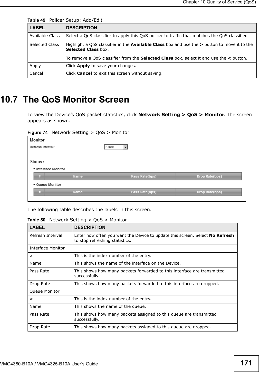  Chapter 10 Quality of Service (QoS)VMG4380-B10A / VMG4325-B10A User’s Guide 17110.7  The QoS Monitor Screen To view the Device’s QoS packet statistics, click Network Setting &gt; QoS &gt; Monitor. The screen appears as shown.Figure 74   Network Setting &gt; QoS &gt; Monitor The following table describes the labels in this screen.  Available ClassSelected Class Select a QoS classifier to apply this QoS policer to traffic that matches the QoS classifier.Highlight a QoS classifier in the Available Class box and use the &gt; button to move it to theSelected Class box.To remove a QoS classifier from the Selected Class box, select it and use the &lt; button.Apply Click Apply to save your changes.Cancel Click Cancel to exit this screen without saving.Table 49   Policer Setup: Add/EditLABEL DESCRIPTIONTable 50   Network Setting &gt; QoS &gt; MonitorLABEL DESCRIPTIONRefresh Interval Enter how often you want the Device to update this screen. Select No Refreshto stop refreshing statistics.Interface Monitor# This is the index number of the entry.Name This shows the name of the interface on the Device. Pass Rate This shows how many packets forwarded to this interface are transmitted successfully.Drop Rate This shows how many packets forwarded to this interface are dropped.Queue Monitor# This is the index number of the entry.Name This shows the name of the queue.Pass Rate This shows how many packets assigned to this queue are transmitted successfully.Drop Rate This shows how many packets assigned to this queue are dropped.