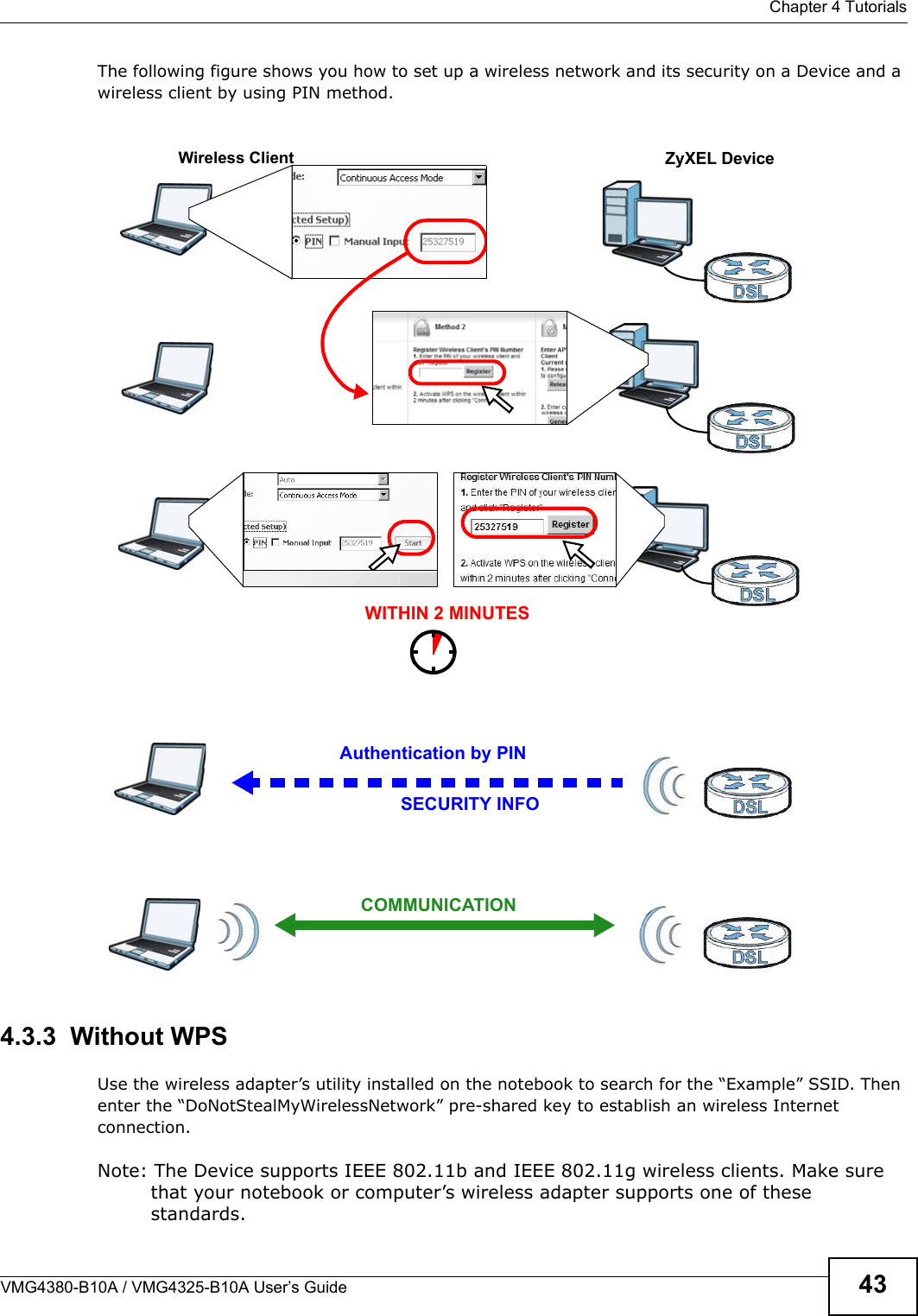  Chapter 4 TutorialsVMG4380-B10A / VMG4325-B10A User’s Guide 43The following figure shows you how to set up a wireless network and its security on a Device and a wireless client by using PIN method. Example WPS Process: PIN  Method4.3.3  Without WPSUse the wireless adapter’s utility installed on the notebook to search for the “Example” SSID. Thenenter the “DoNotStealMyWirelessNetwork” pre-shared key to establish an wireless Internet connection.Note: The Device supports IEEE 802.11b and IEEE 802.11g wireless clients. Make sure that your notebook or computer’s wireless adapter supports one of these standards.Authentication by PINSECURITY INFOWITHIN 2 MINUTESWireless ClientZyXEL DeviceCOMMUNICATION