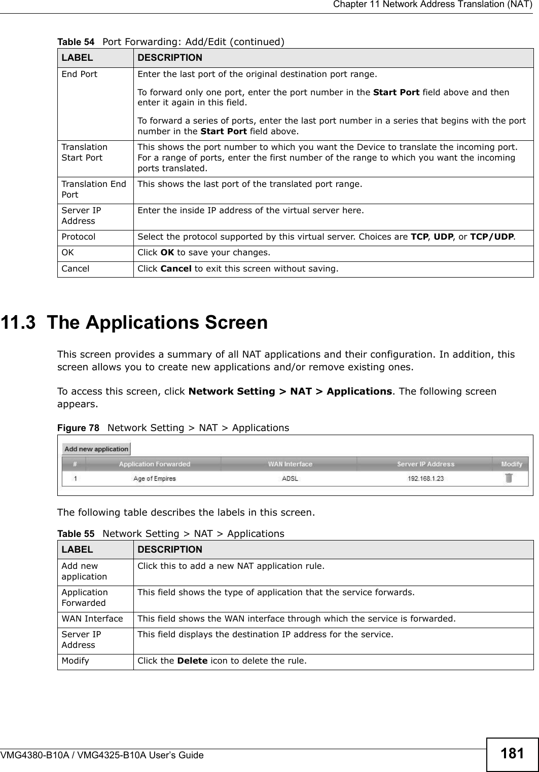  Chapter 11 Network Address Translation (NAT)VMG4380-B10A / VMG4325-B10A User’s Guide 18111.3  The Applications ScreenThis screen provides a summary of all NAT applications and their configuration. In addition, this screen allows you to create new applications and/or remove existing ones.To access this screen, click Network Setting &gt; NAT &gt; Applications. The following screenappears.Figure 78 Network Setting &gt; NAT &gt; ApplicationsThe following table describes the labels in this screen. End Port Enter the last port of the original destination port range. To forward only one port, enter the port number in the Start Port field above and then enter it again in this field. To forward a series of ports, enter the last port number in a series that begins with the portnumber in the Start Port field above.TranslationStart PortThis shows the port number to which you want the Device to translate the incoming port.For a range of ports, enter the first number of the range to which you want the incomingports translated.Translation EndPortThis shows the last port of the translated port range.Server IP AddressEnter the inside IP address of the virtual server here.Protocol Select the protocol supported by this virtual server. Choices are TCP, UDP, or TCP/UDP.OK Click OK to save your changes.Cancel Click Cancel to exit this screen without saving.Table 54   Port Forwarding: Add/Edit (continued)LABEL DESCRIPTIONTable 55   Network Setting &gt; NAT &gt; ApplicationsLABEL DESCRIPTIONAdd new applicationClick this to add a new NAT application rule.ApplicationForwardedThis field shows the type of application that the service forwards.WAN Interface This field shows the WAN interface through which the service is forwarded.Server IP AddressThis field displays the destination IP address for the service.Modify Click the Delete icon to delete the rule.