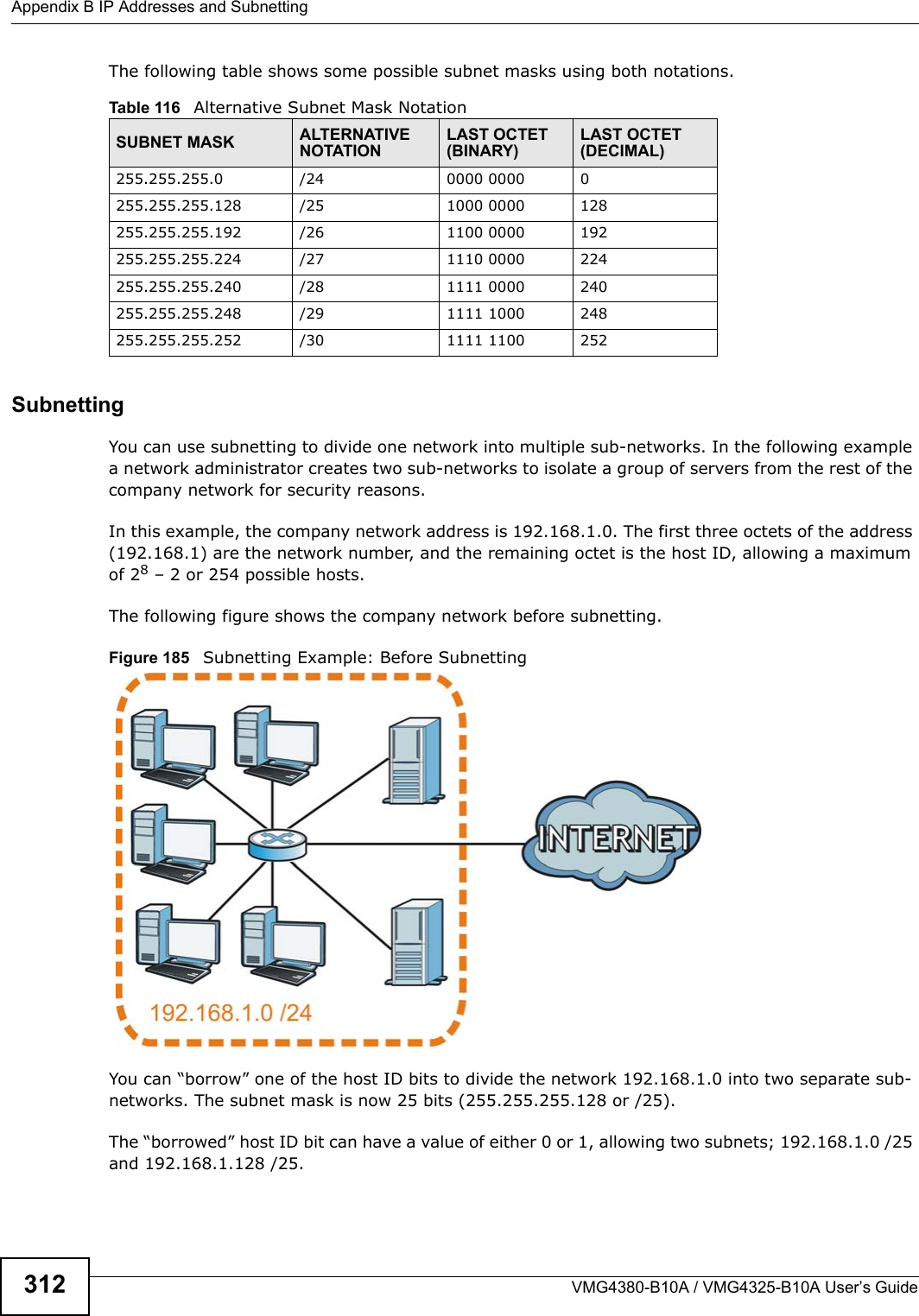 Appendix B IP Addresses and SubnettingVMG4380-B10A / VMG4325-B10A User’s Guide312The following table shows some possible subnet masks using both notations. SubnettingYou can use subnetting to divide one network into multiple sub-networks. In the following example a network administrator creates two sub-networks to isolate a group of servers from the rest of the company network for security reasons.In this example, the company network address is 192.168.1.0. The first three octets of the address (192.168.1) are the network number, and the remaining octet is the host ID, allowing a maximum of 28 – 2 or 254 possible hosts.The following figure shows the company network before subnetting.  Figure 185   Subnetting Example: Before SubnettingYou can “borrow” one of the host ID bits to divide the network 192.168.1.0 into two separate sub-networks. The subnet mask is now 25 bits (255.255.255.128 or /25).The “borrowed” host ID bit can have a value of either 0 or 1, allowing two subnets; 192.168.1.0 /25 and 192.168.1.128 /25.Table 116   Alternative Subnet Mask NotationSUBNET MASK ALTERNATIVE NOTATIONLAST OCTET (BINARY)LAST OCTET (DECIMAL)255.255.255.0 /24 0000 0000 0255.255.255.128 /25 1000 0000 128255.255.255.192 /26 1100 0000 192255.255.255.224 /27 1110 0000 224255.255.255.240 /28 1111 0000 240255.255.255.248 /29 1111 1000 248255.255.255.252 /30 1111 1100 252